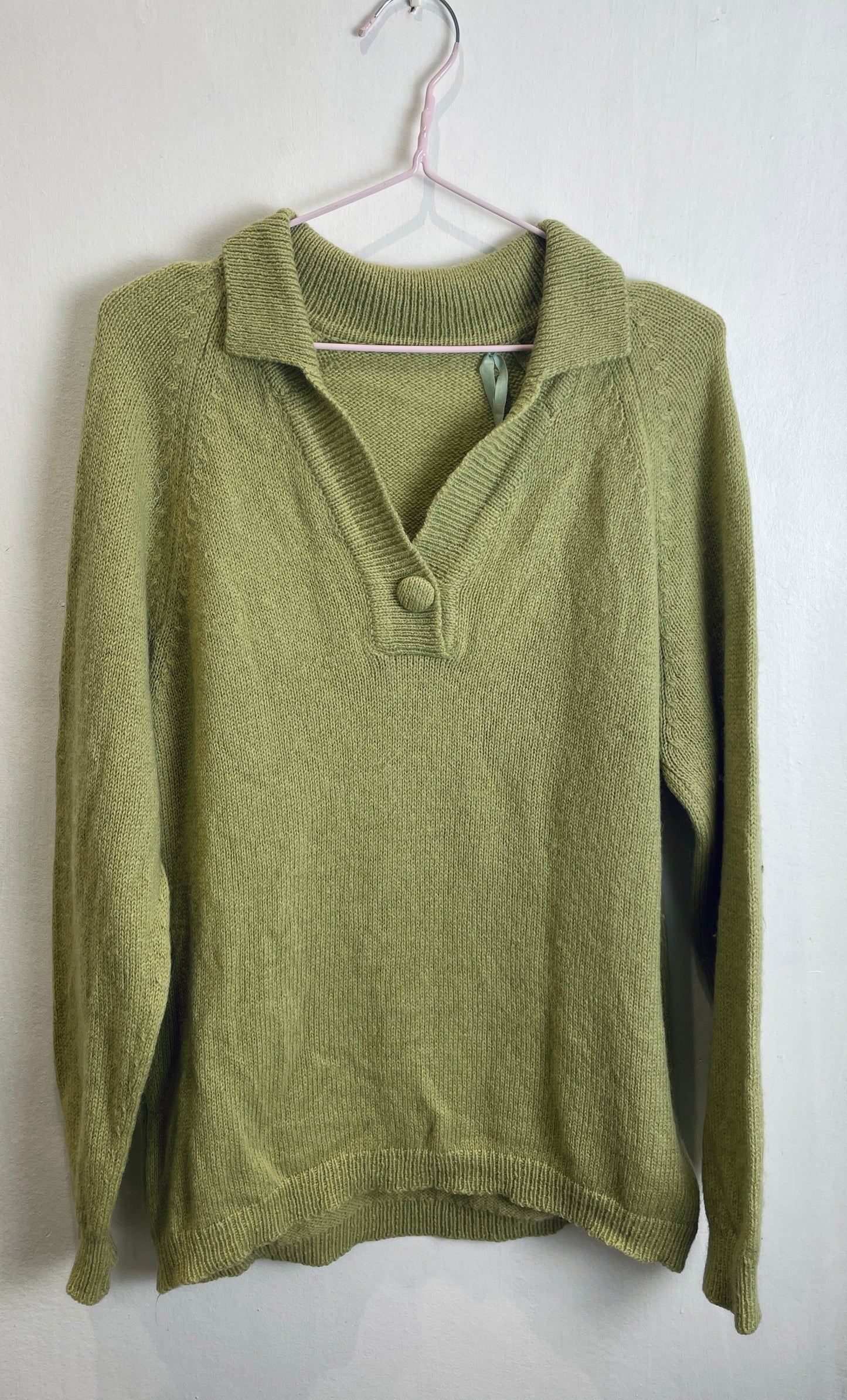 Vintage 90s Pale Green V-Neck Knitted Collared Jumper - Up To Size 12