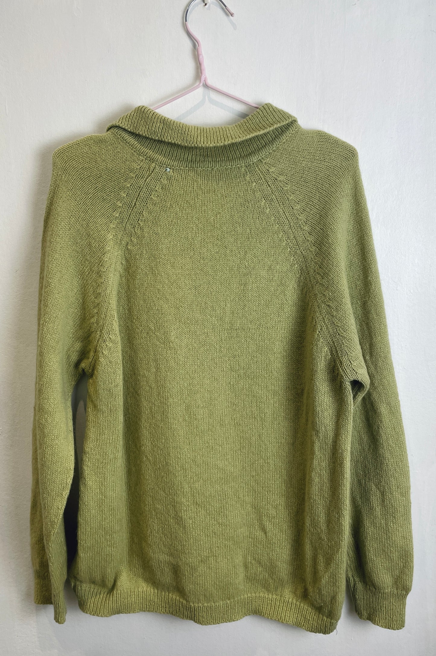 Vintage 90s Pale Green V-Neck Knitted Collared Jumper - Up To Size 12
