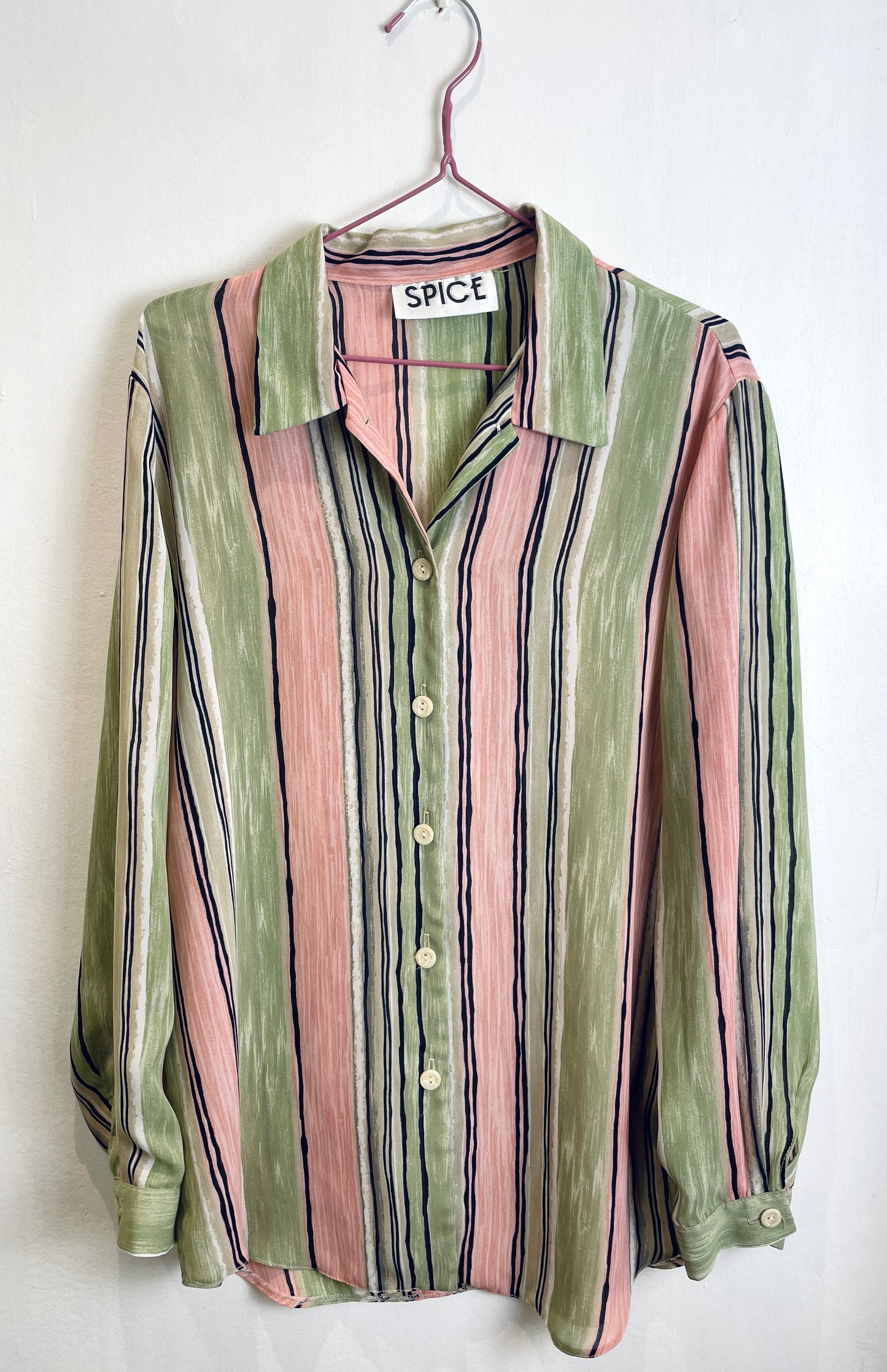 Vintage 80s Pink and Green Striped Chiffon Shirt - Up To Size 14