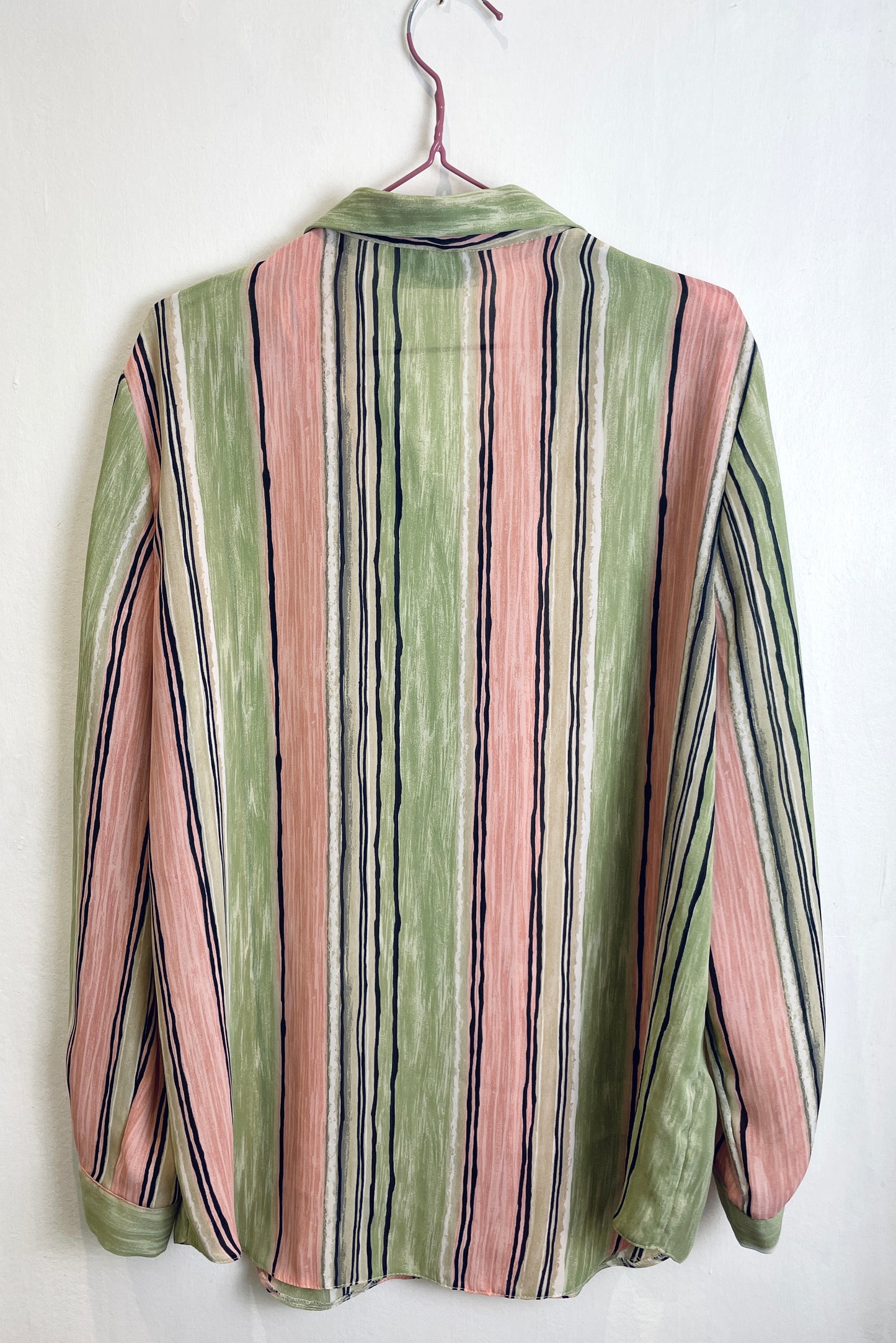 Vintage 80s Pink and Green Striped Chiffon Shirt - Up To Size 14