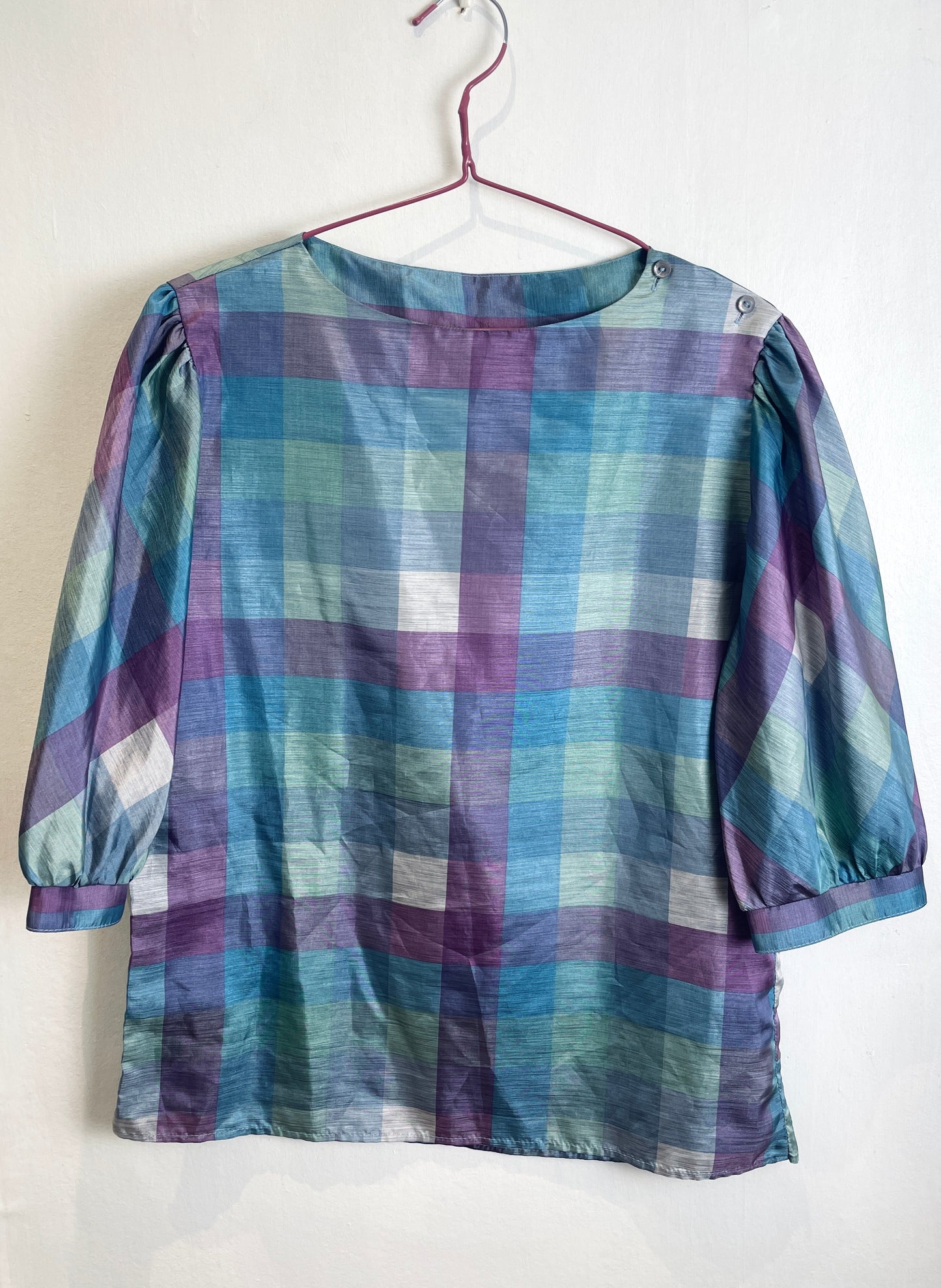 Vintage 80s Blue and Purple Checked Puff Sleeve Satin Blouse - Up To Size 12