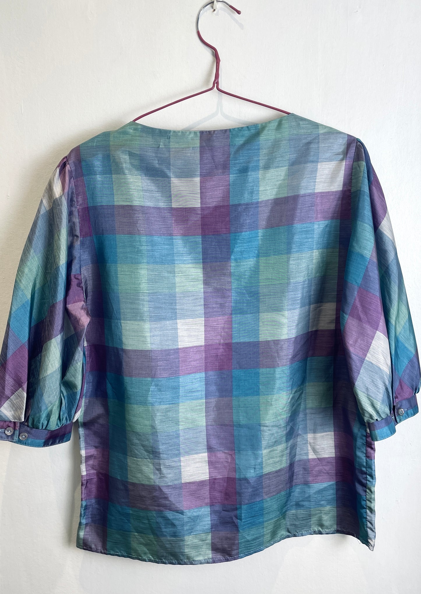Vintage 80s Blue and Purple Checked Puff Sleeve Satin Blouse - Up To Size 12