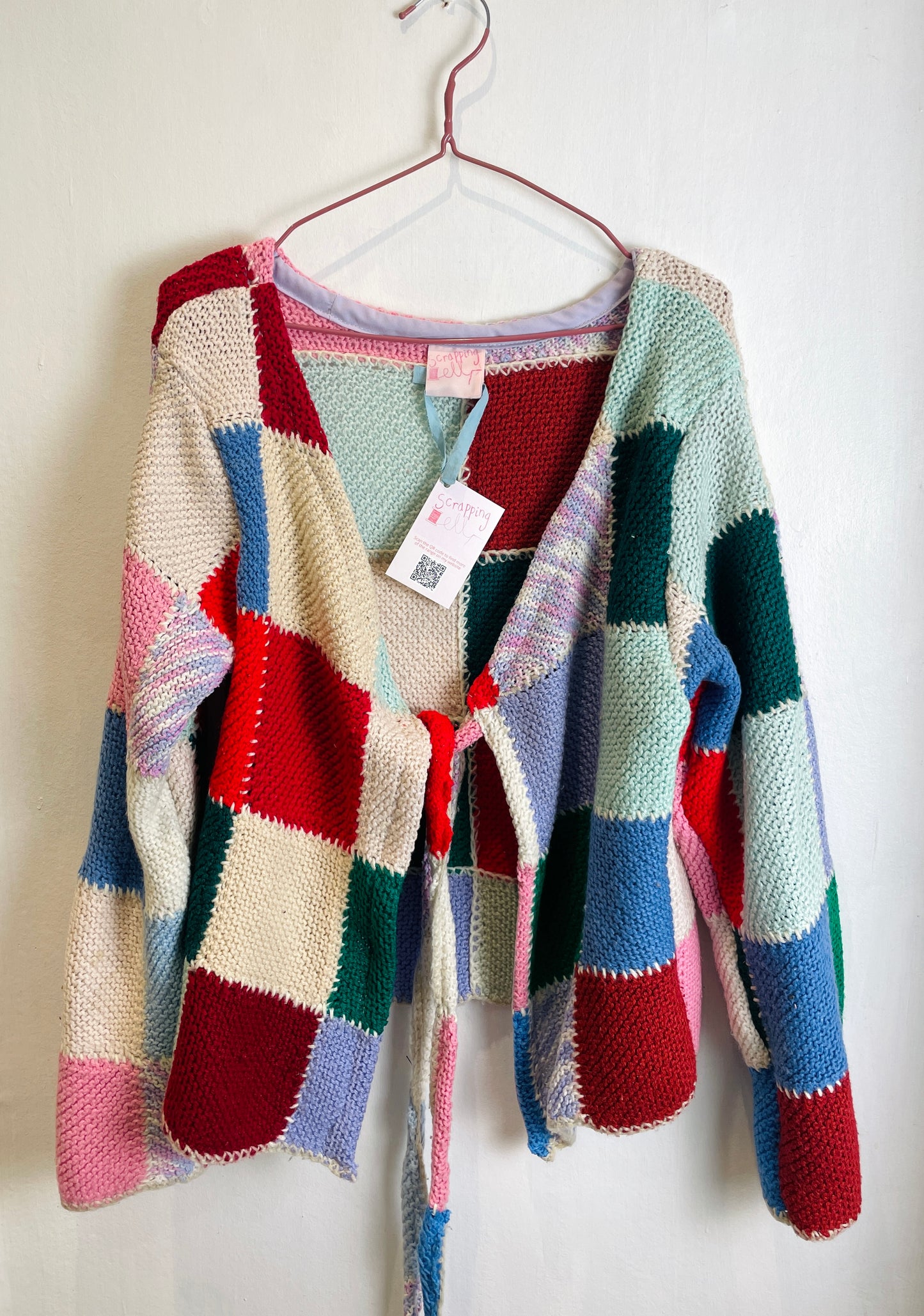 Camilla Handmade Pink Patchwork Tie Front Knitted Wool Cardigan - Up To Size 12 - scrappingell