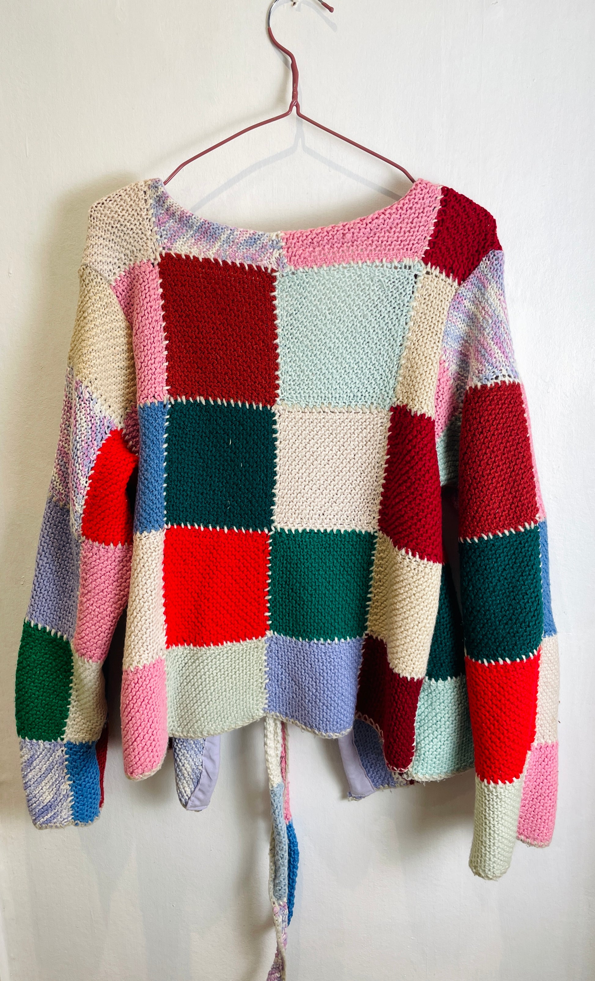 Camilla Handmade Pink Patchwork Tie Front Knitted Wool Cardigan - Up To Size 12 - scrappingell