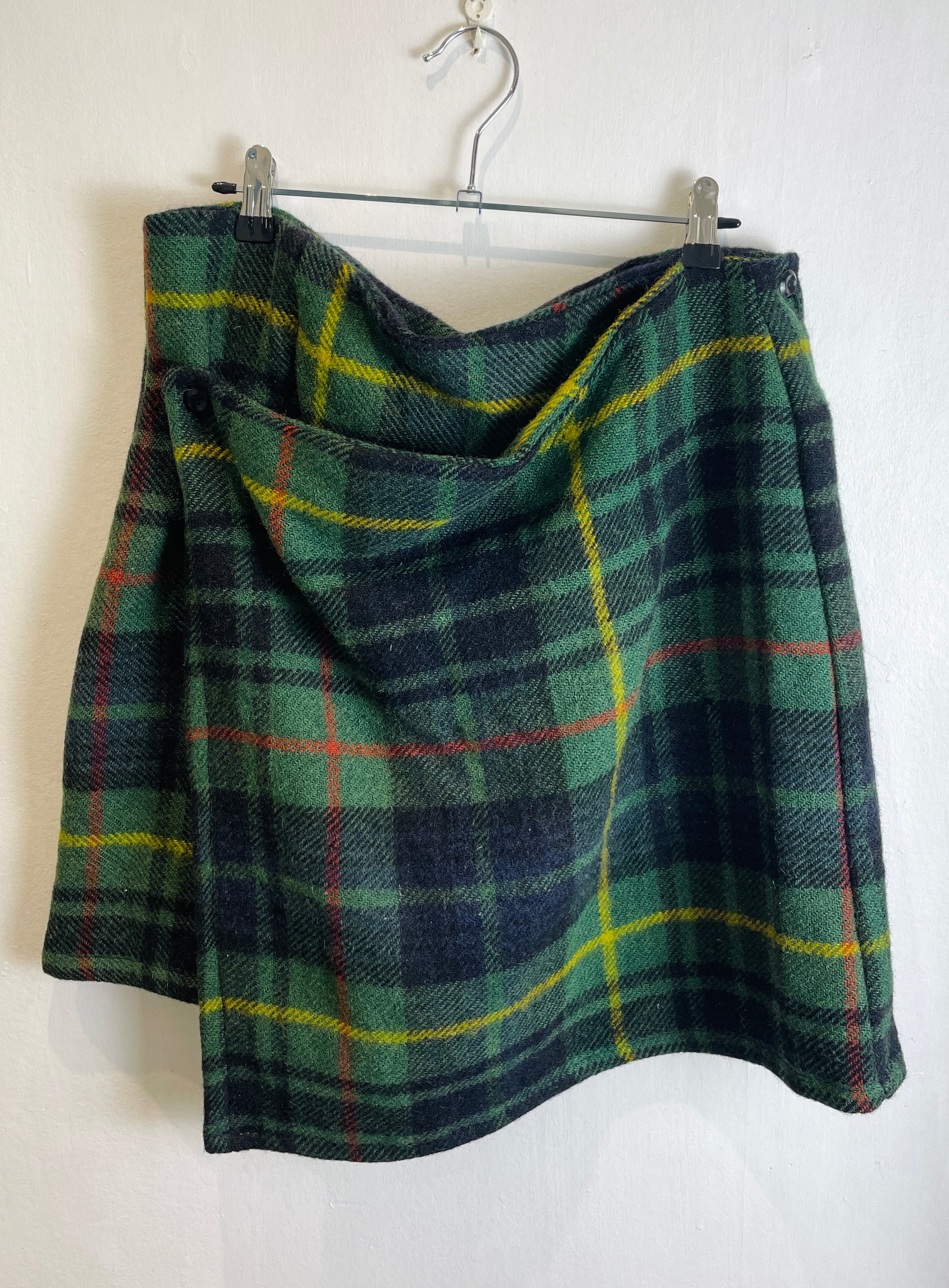 Bonnie Handmade Green Checked Wool Asymmetric Wrap Mini Skirt - Size 16 - scrappingell