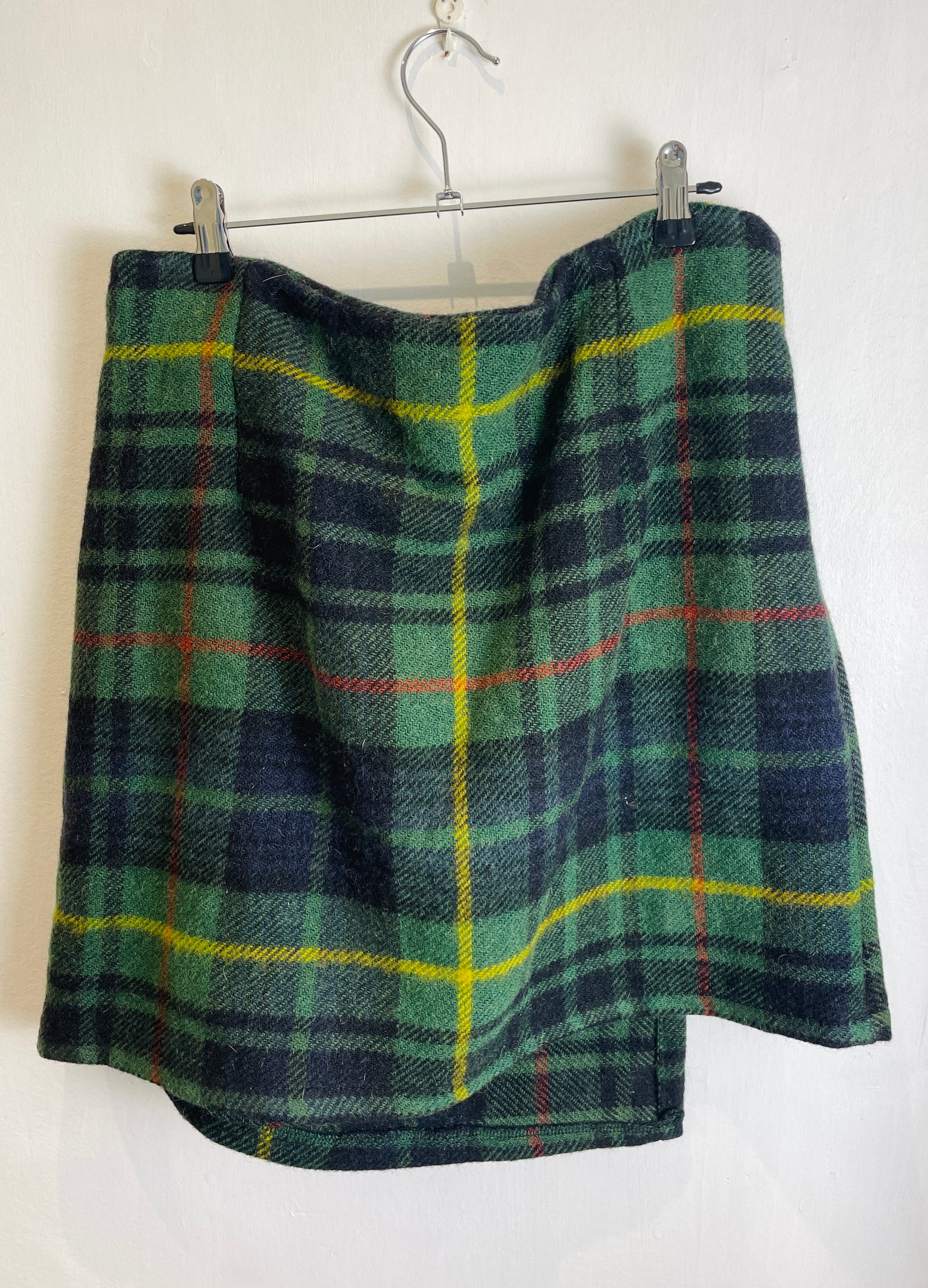 Bonnie Handmade Green Checked Wool Asymmetric Wrap Mini Skirt - Size 16 - scrappingell