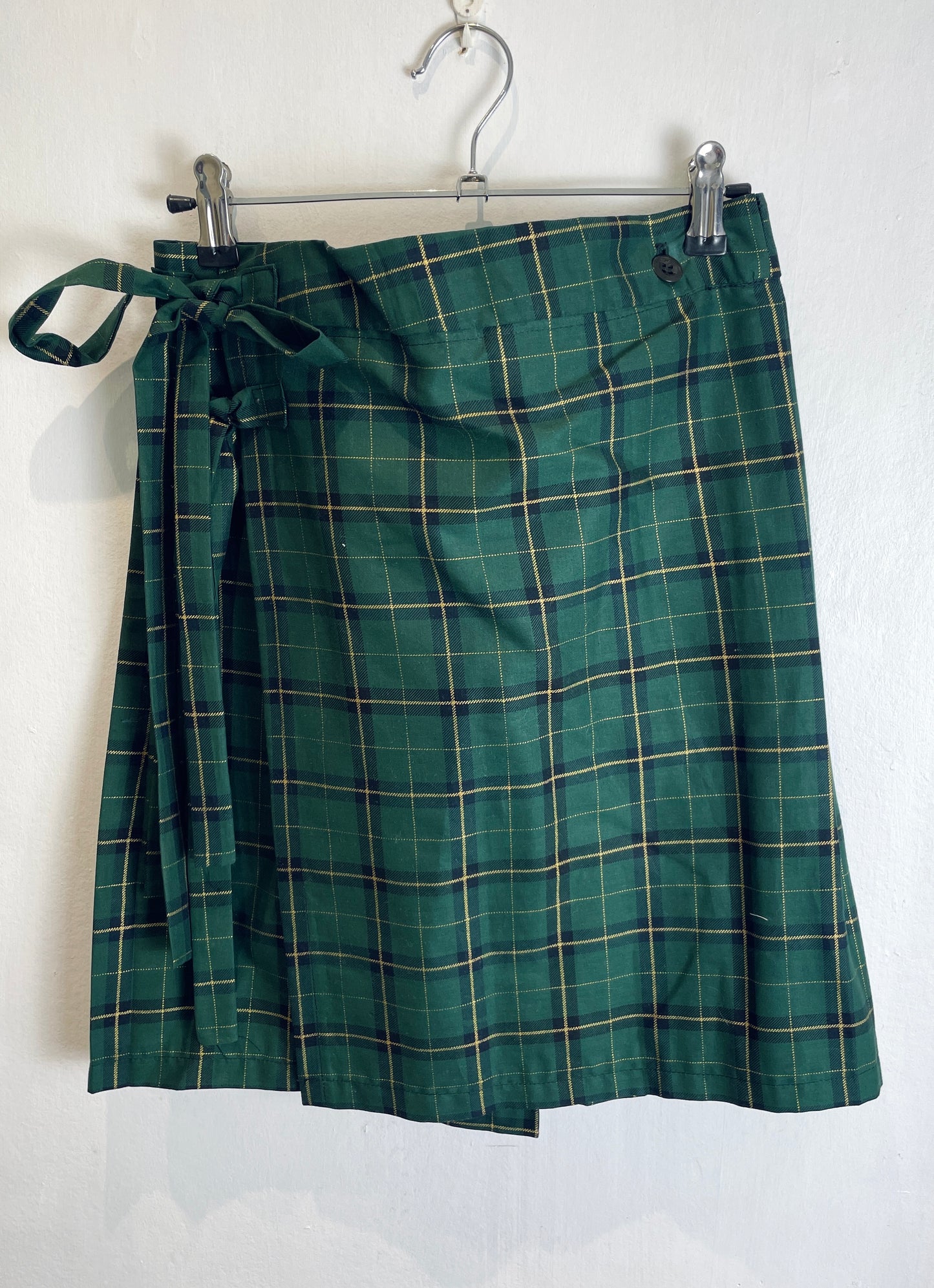 Bonnie Handmade Green and Gold Checked Pleated Wrap Mini Skirt - Size 10 - scrappingell