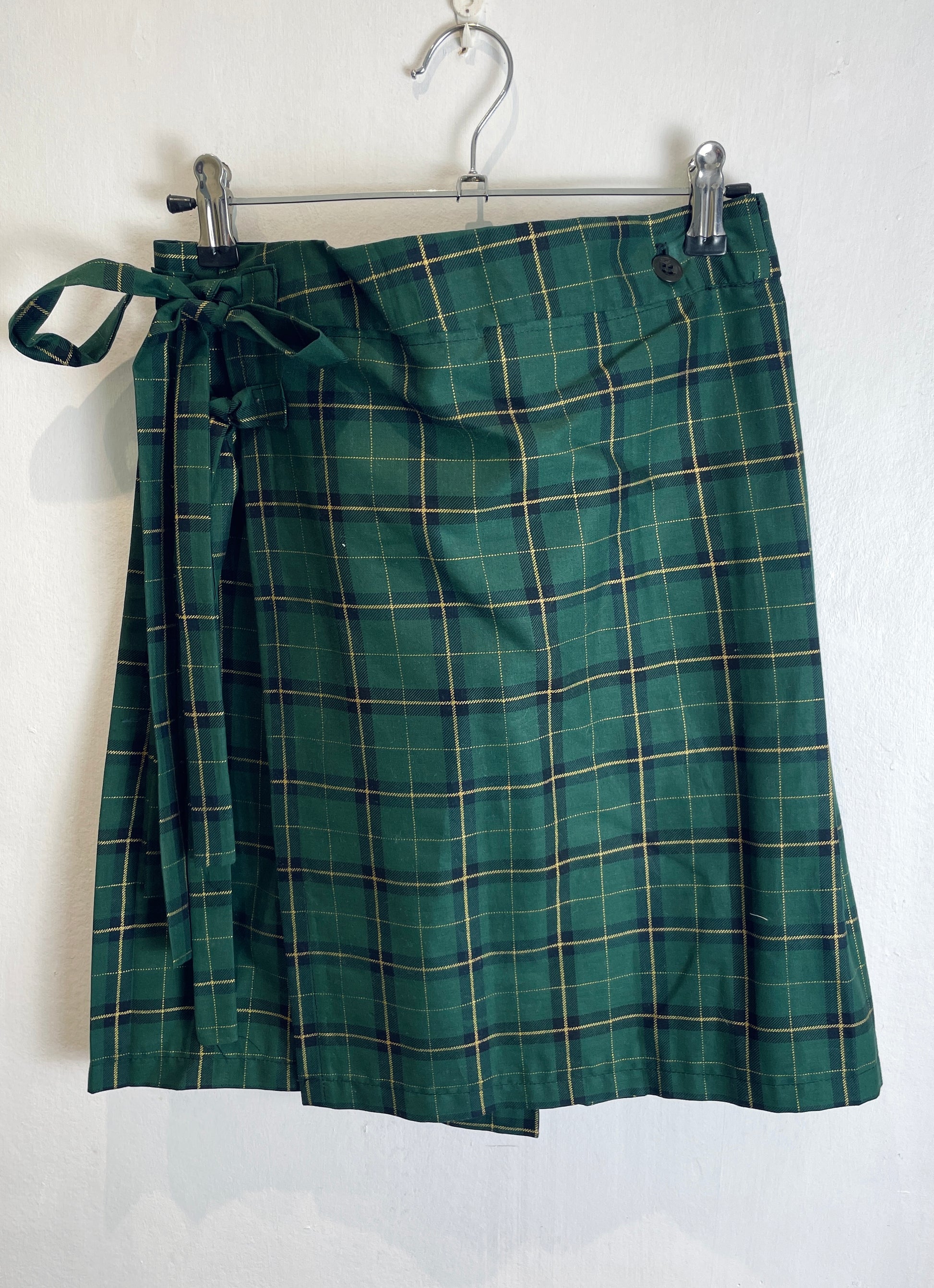 Bonnie Handmade Green and Gold Checked Pleated Wrap Mini Skirt - Size 10 - scrappingell