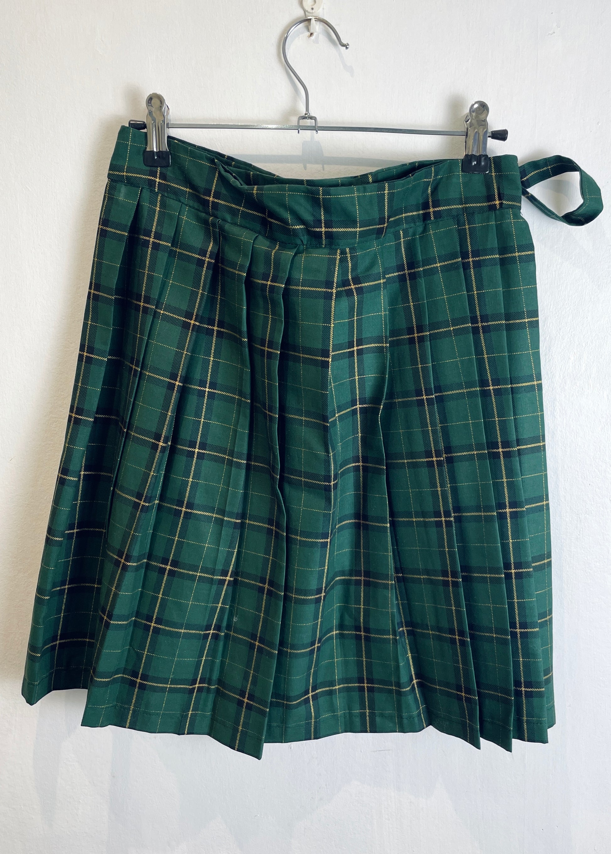 Bonnie Handmade Green and Gold Checked Pleated Wrap Mini Skirt - Size 10 - scrappingell