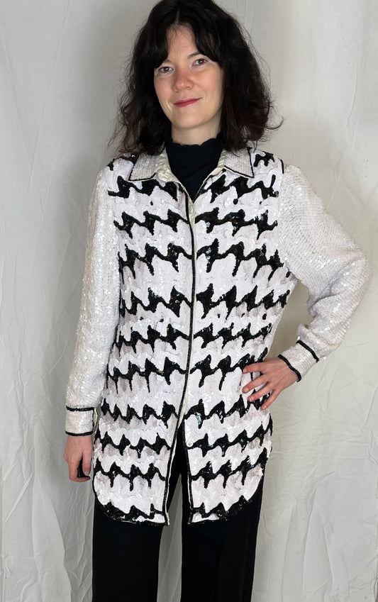 Vintage Y2K Black and White Long Sequin Shirt Jacket - Up To Size 12 - scrappingell