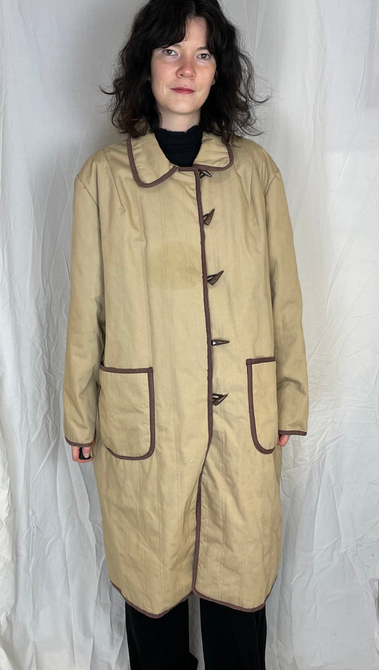 Vintage 90s Light Brown Quilted Long Duffle Coat - Up To Size 18 - scrappingell