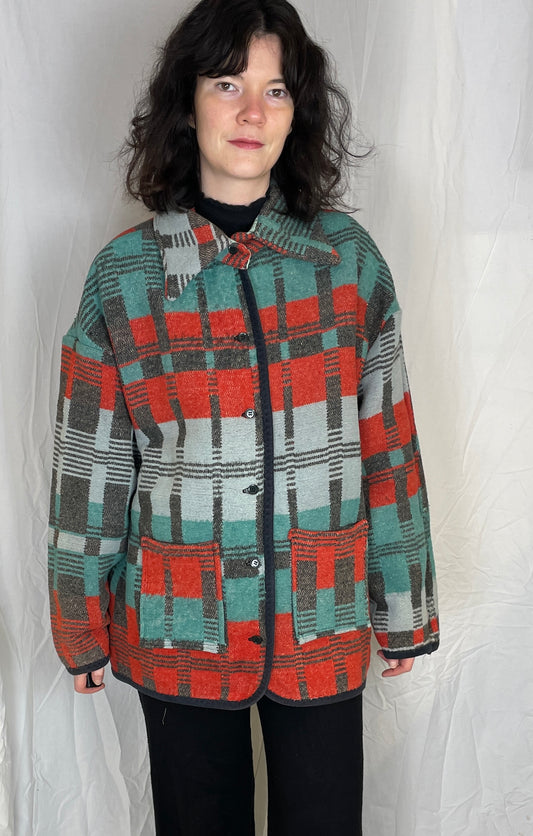 Ellen Handmade Red and Green Wool Geometric Shirt Jacket - Up To Size 16 - scrappingell