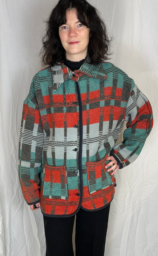 Ellen Handmade Red and Green Wool Geometric Shirt Jacket - Up To Size 16 - scrappingell