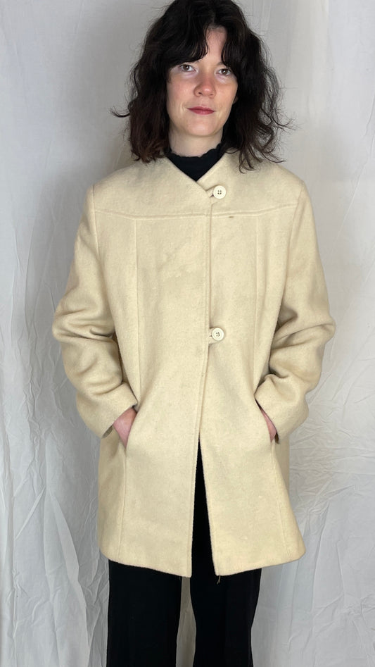 Vintage 80s Cream White Wool Collarless Coat - Up To Size 14 - scrappingell