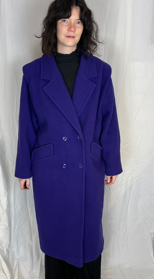 Vintage 80s Purple Wool Long Double Breasted Coat - Up To Size 14 - scrappingell