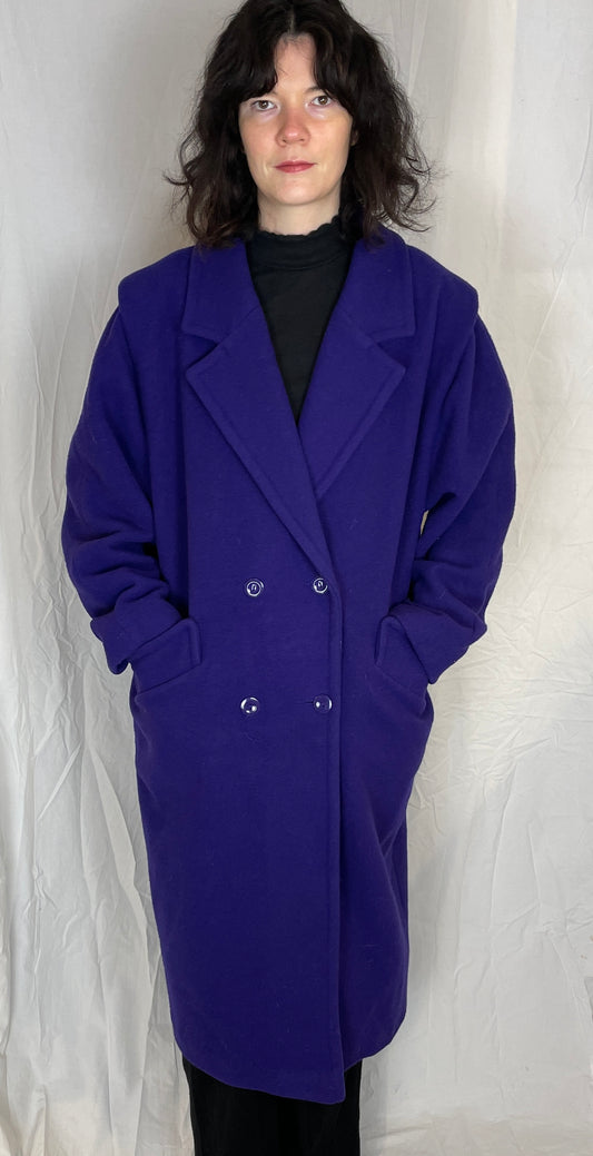 Vintage 80s Purple Wool Long Double Breasted Coat - Up To Size 14 - scrappingell