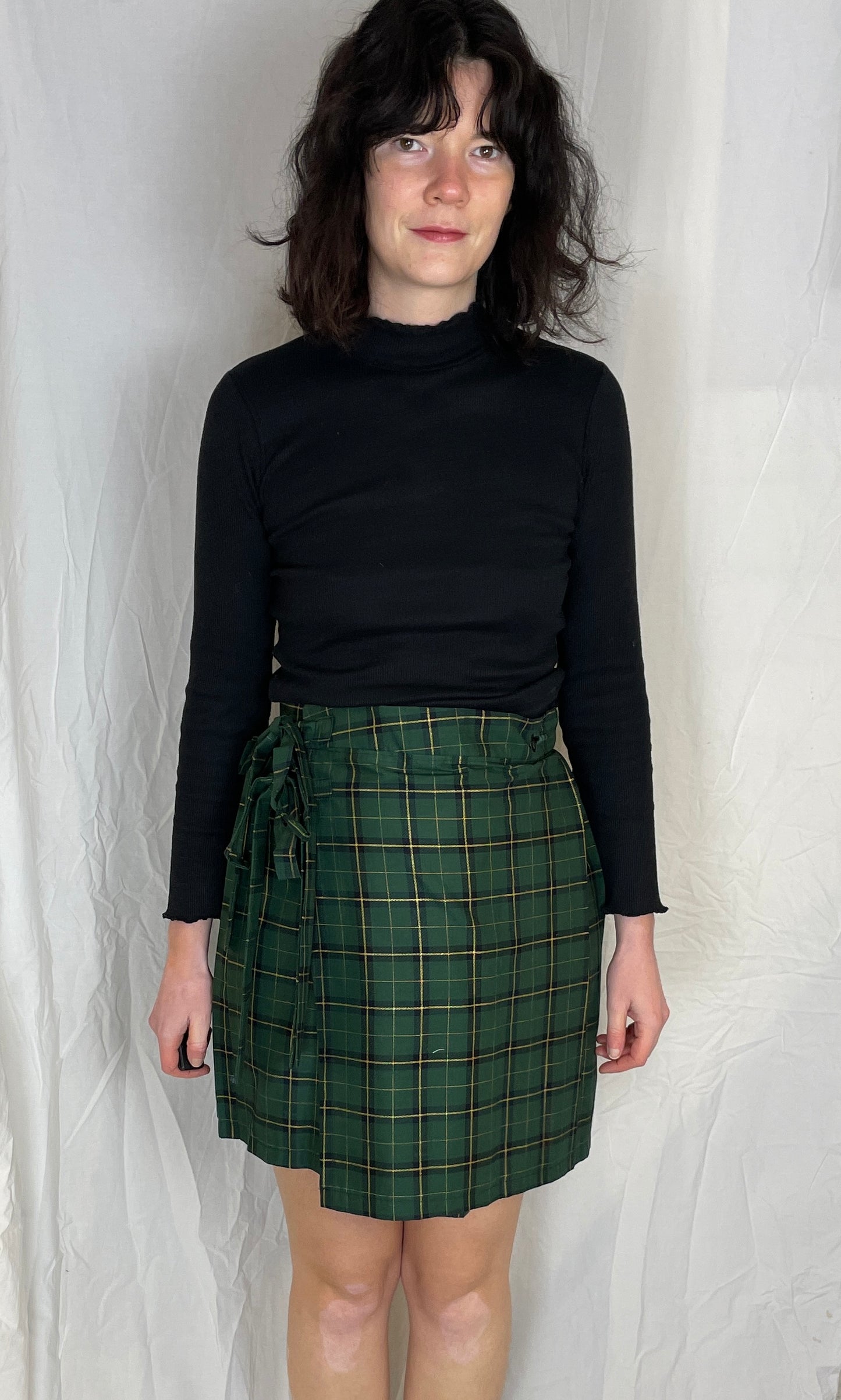 Bonnie Handmade Green and Gold Checked Pleated Wrap Mini Skirt - Size 10 - scrappingell