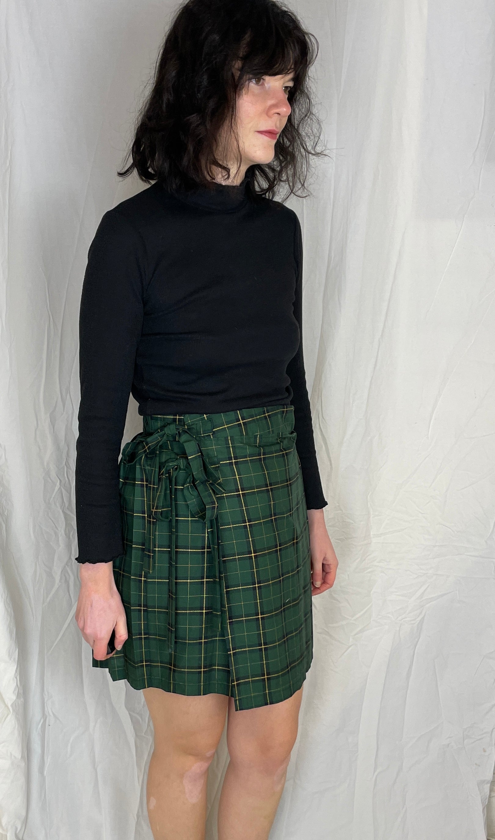 Bonnie Handmade Green and Gold Checked Pleated Wrap Mini Skirt - Size 10 - scrappingell