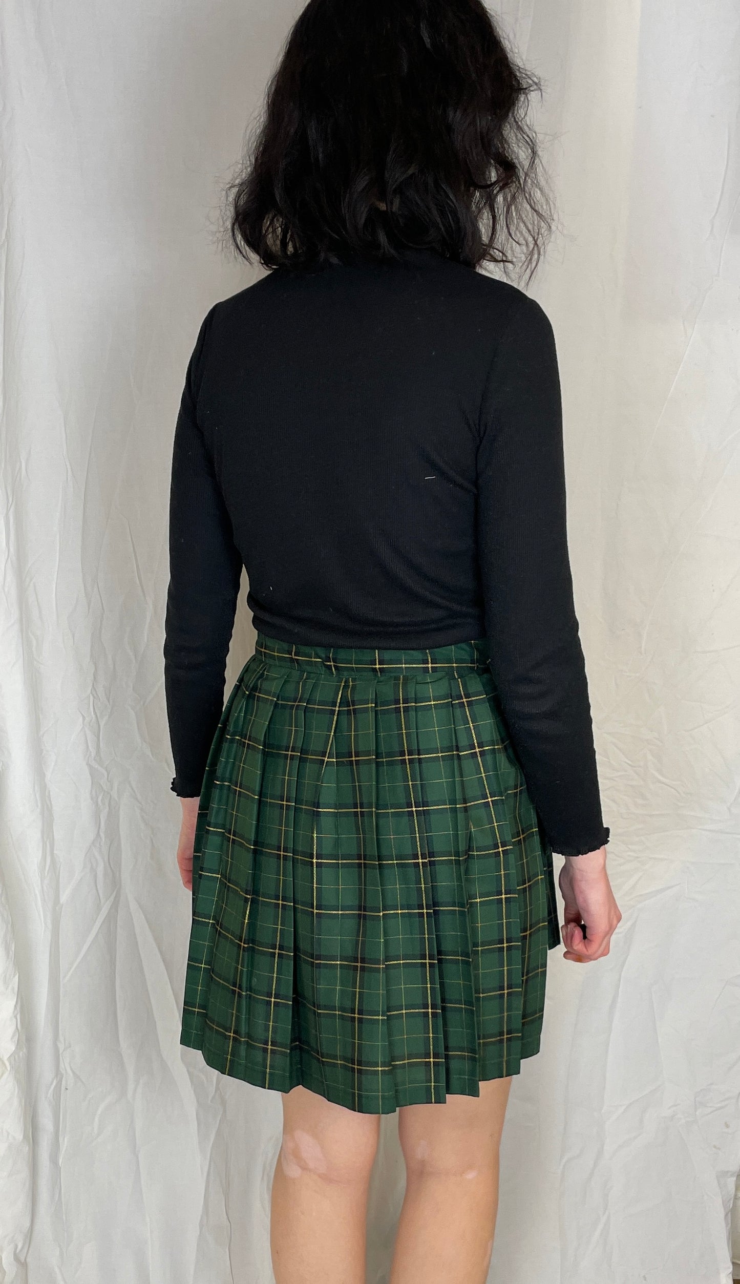 Bonnie Handmade Green and Gold Checked Pleated Wrap Mini Skirt - Size 10 - scrappingell