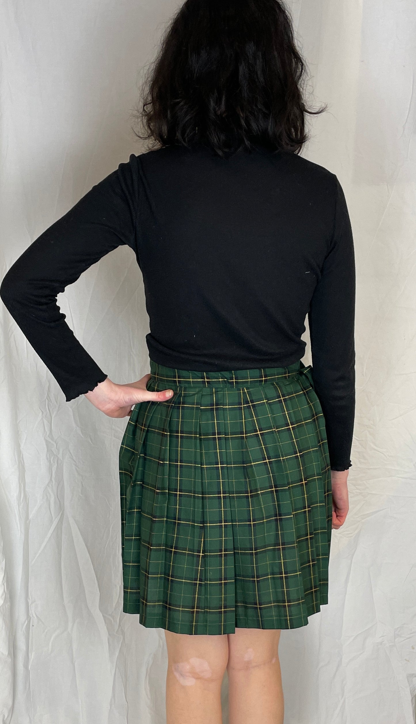 Bonnie Handmade Green and Gold Checked Pleated Wrap Mini Skirt - Size 10 - scrappingell