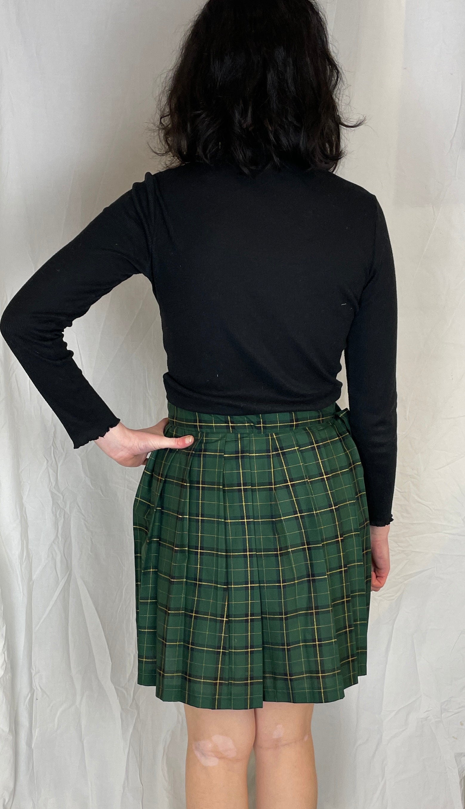 Bonnie Handmade Green and Gold Checked Pleated Wrap Mini Skirt - Size 10 - scrappingell