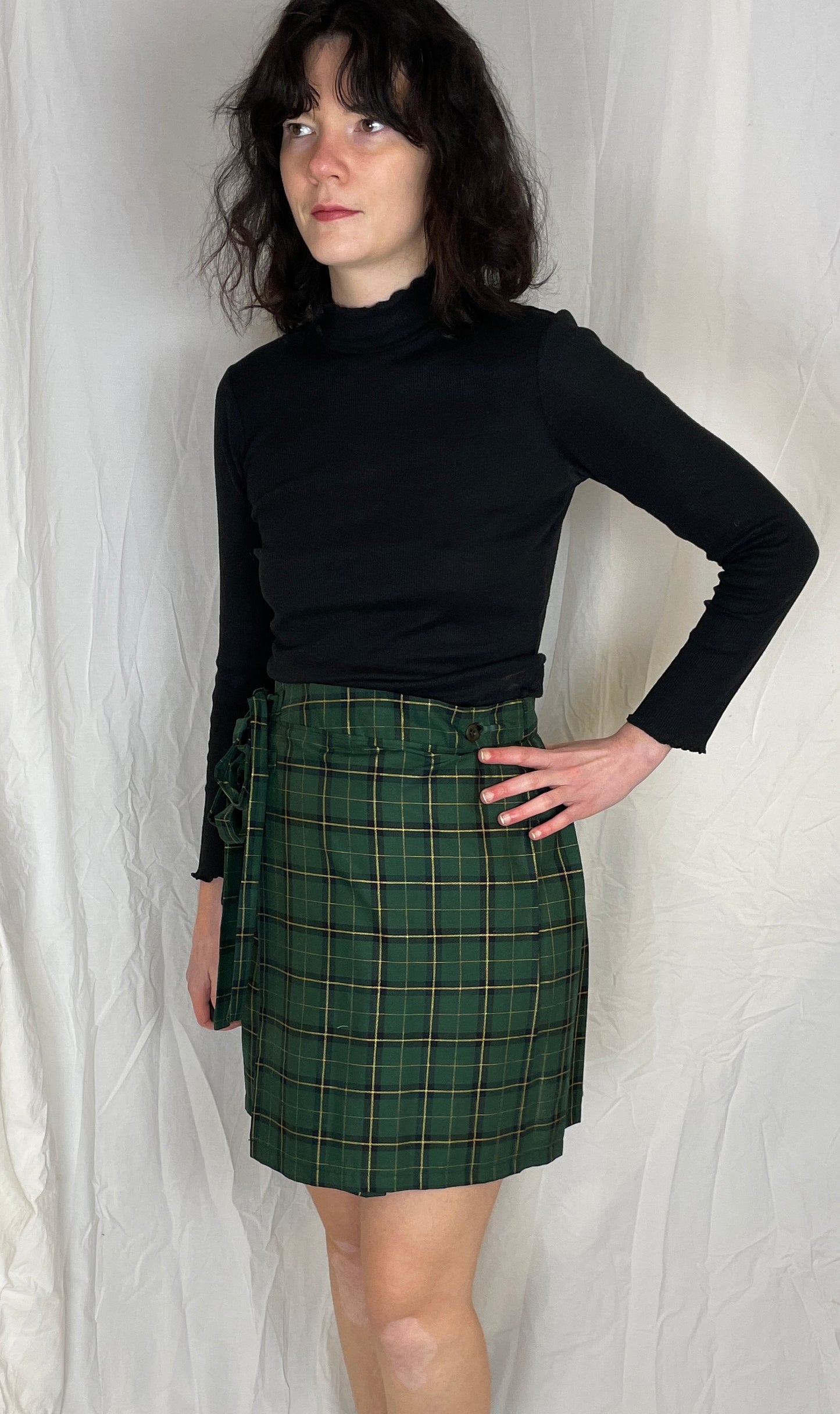 Bonnie Handmade Green and Gold Checked Pleated Wrap Mini Skirt - Size 10 - scrappingell
