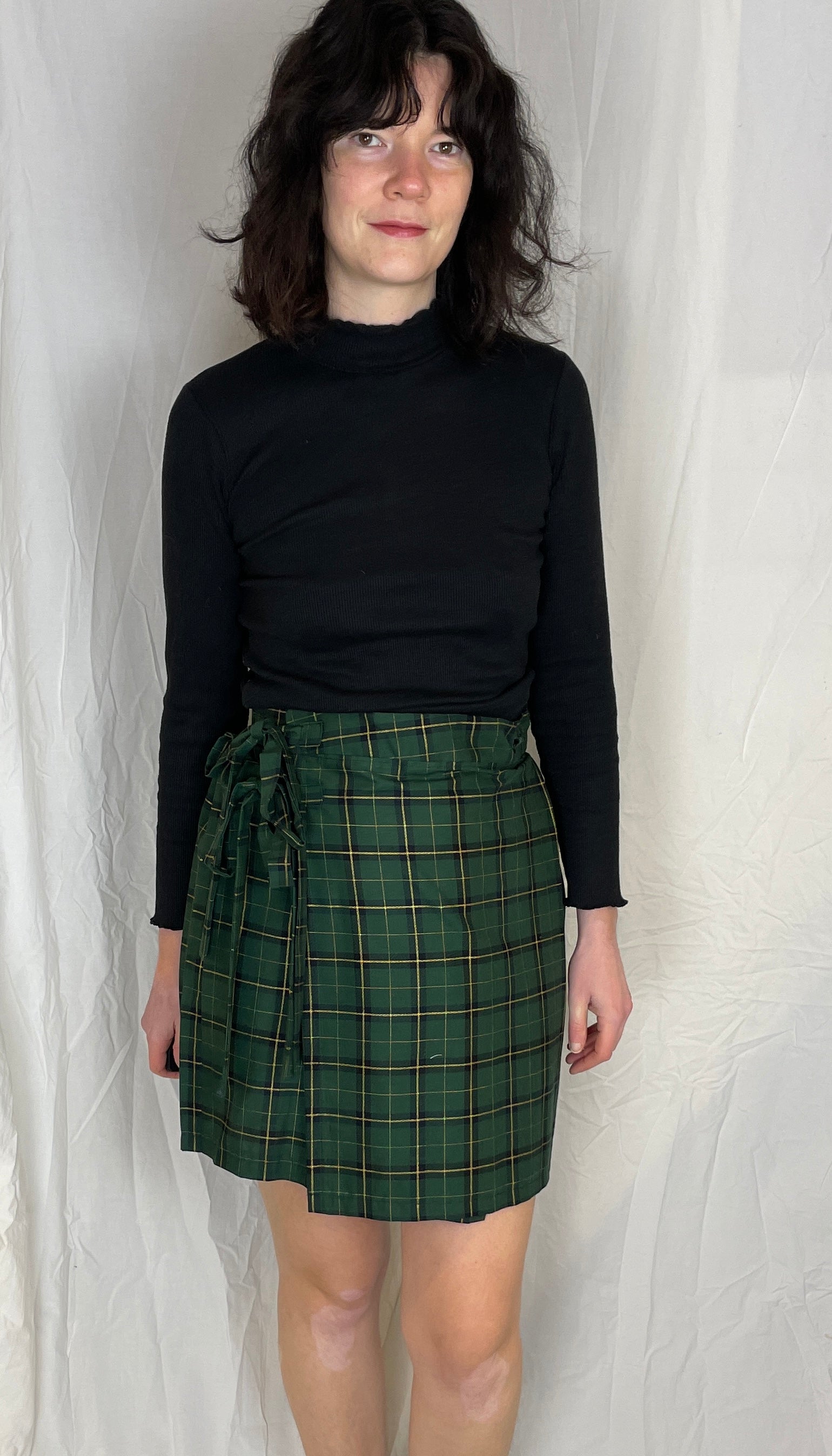 Bonnie Handmade Green and Gold Checked Pleated Wrap Mini Skirt - Size 10 - scrappingell