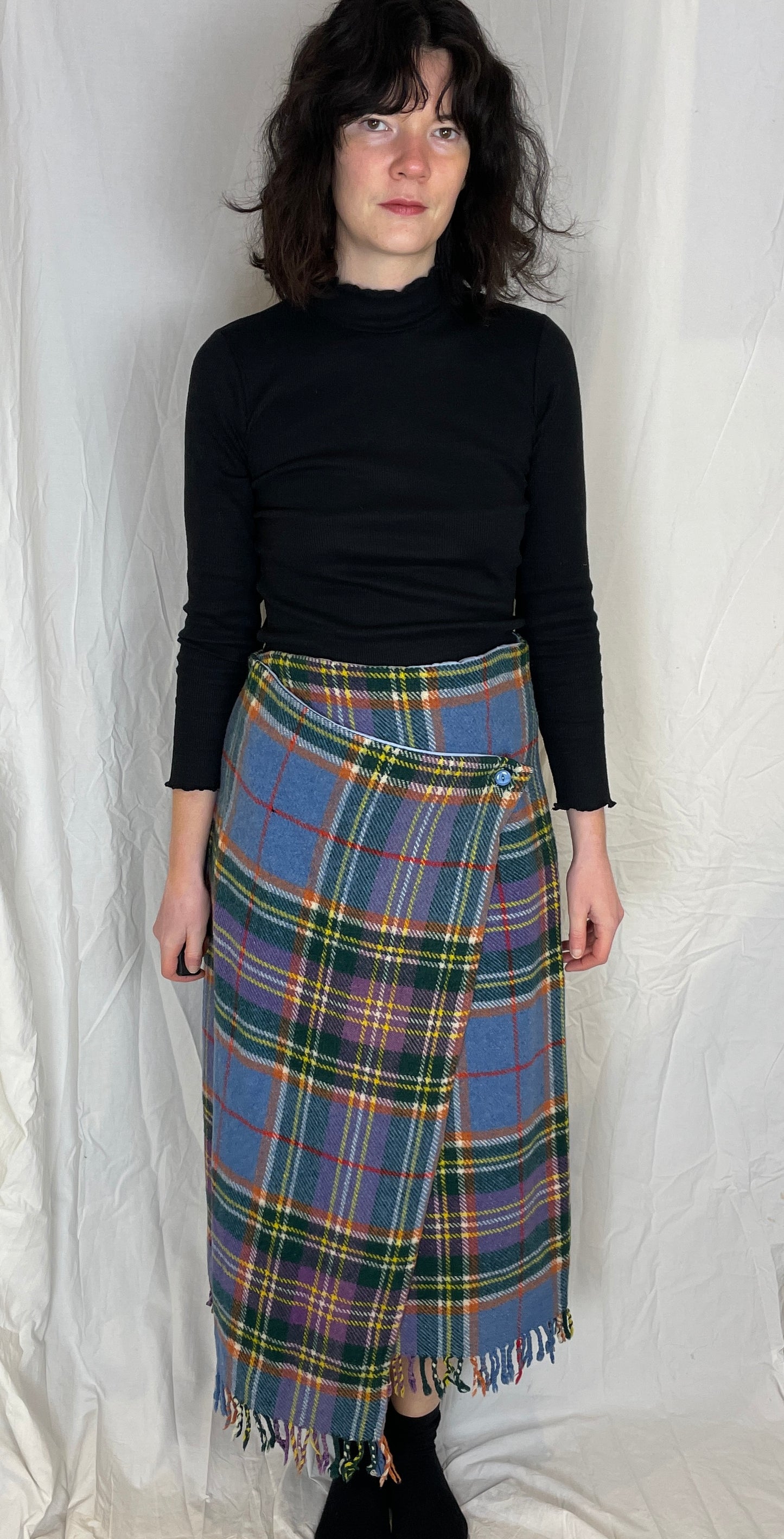 Bonnie Handmade Blue Wool Checked Asymmetric Maxi Skirt - Size 12