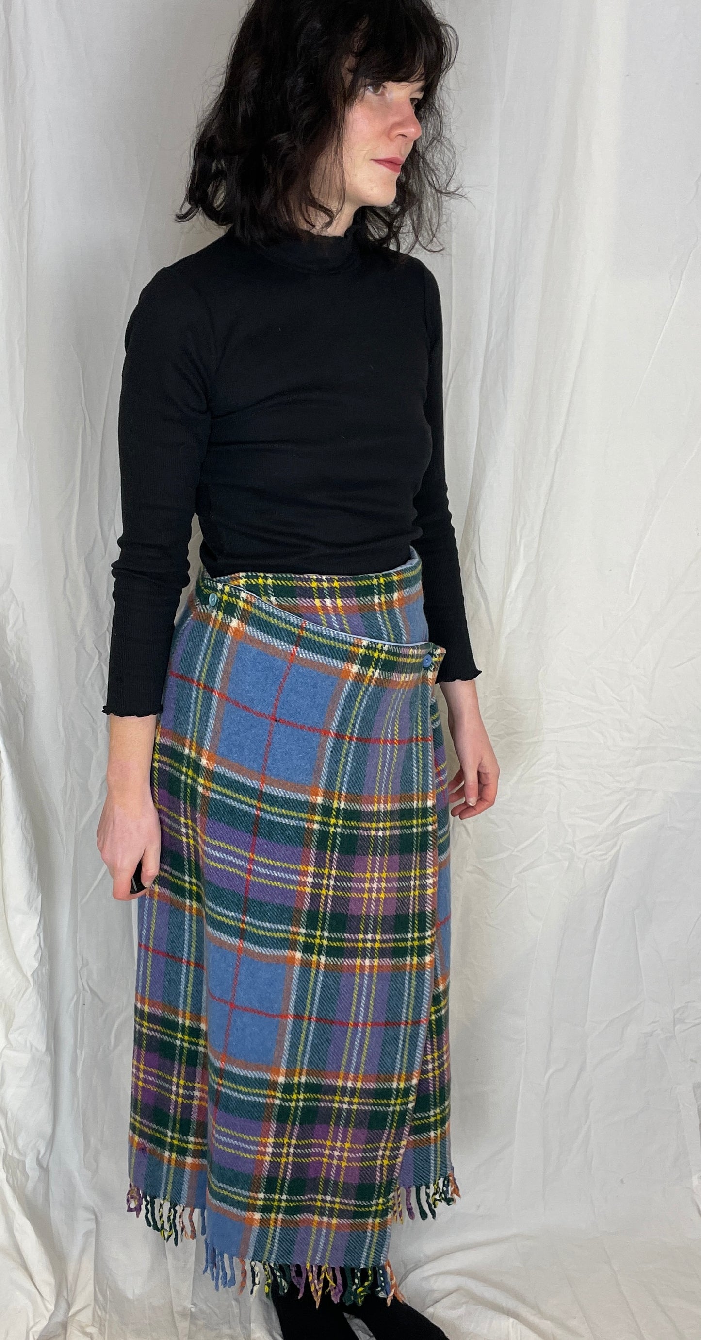 Bonnie Handmade Blue Wool Checked Asymmetric Maxi Skirt - Size 12