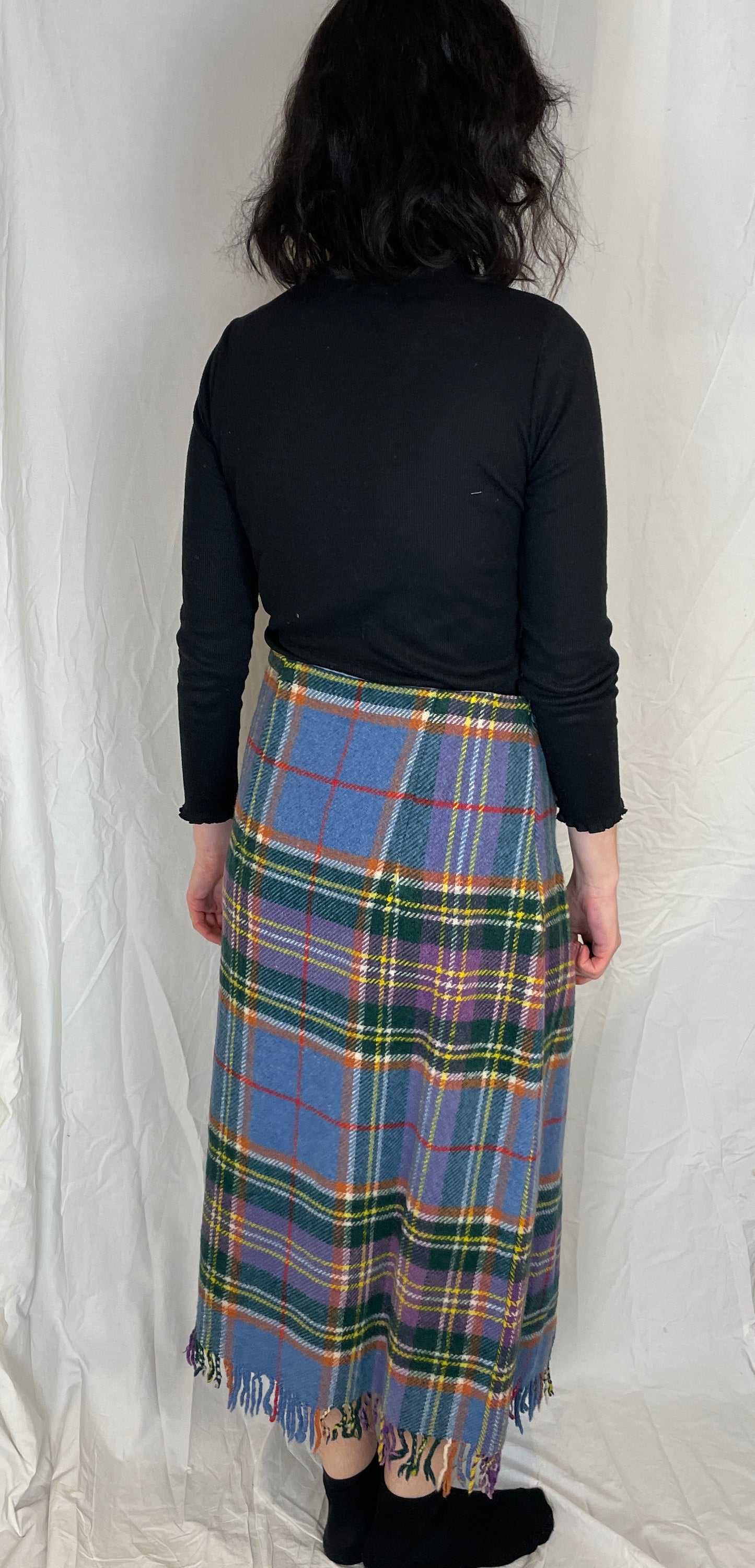 Bonnie Handmade Blue Wool Checked Asymmetric Maxi Skirt - Size 12