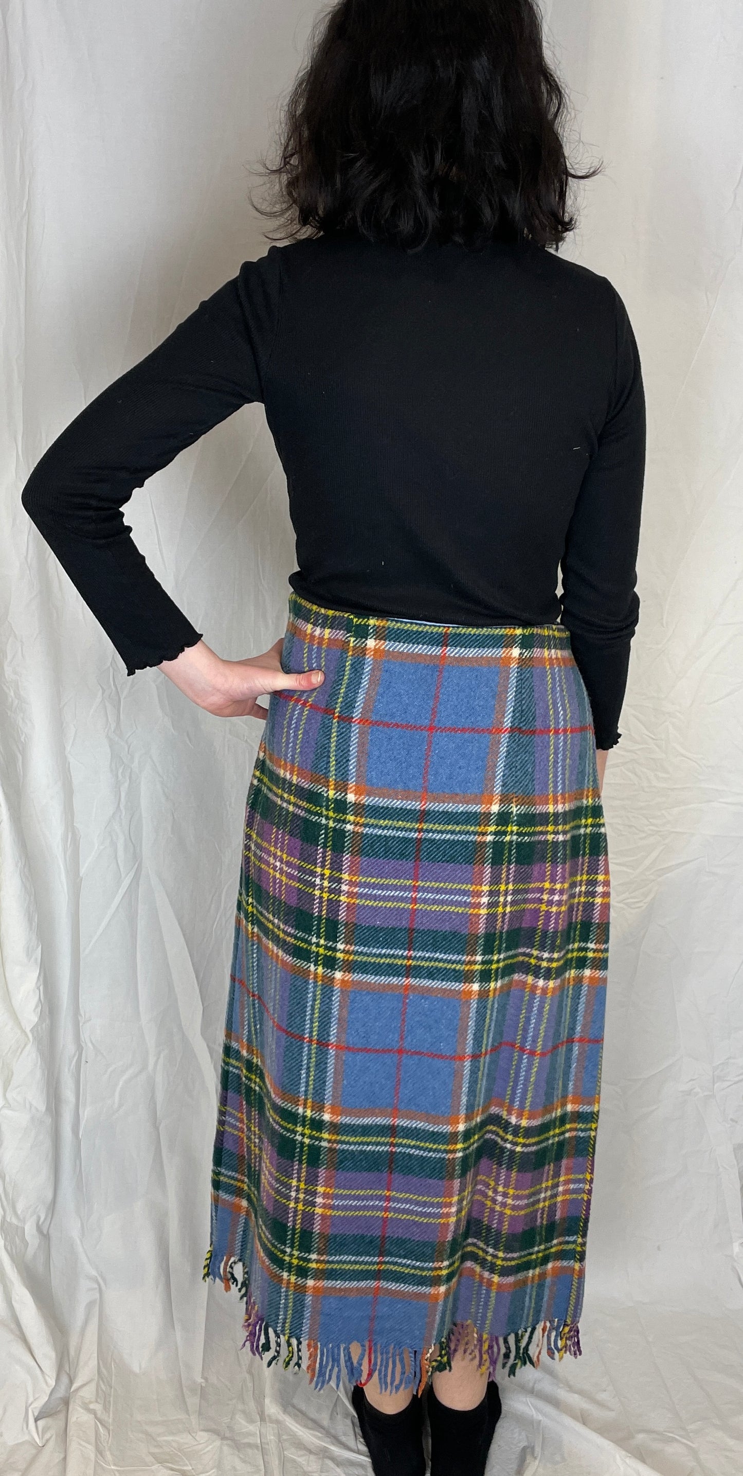 Bonnie Handmade Blue Wool Checked Asymmetric Maxi Skirt - Size 12