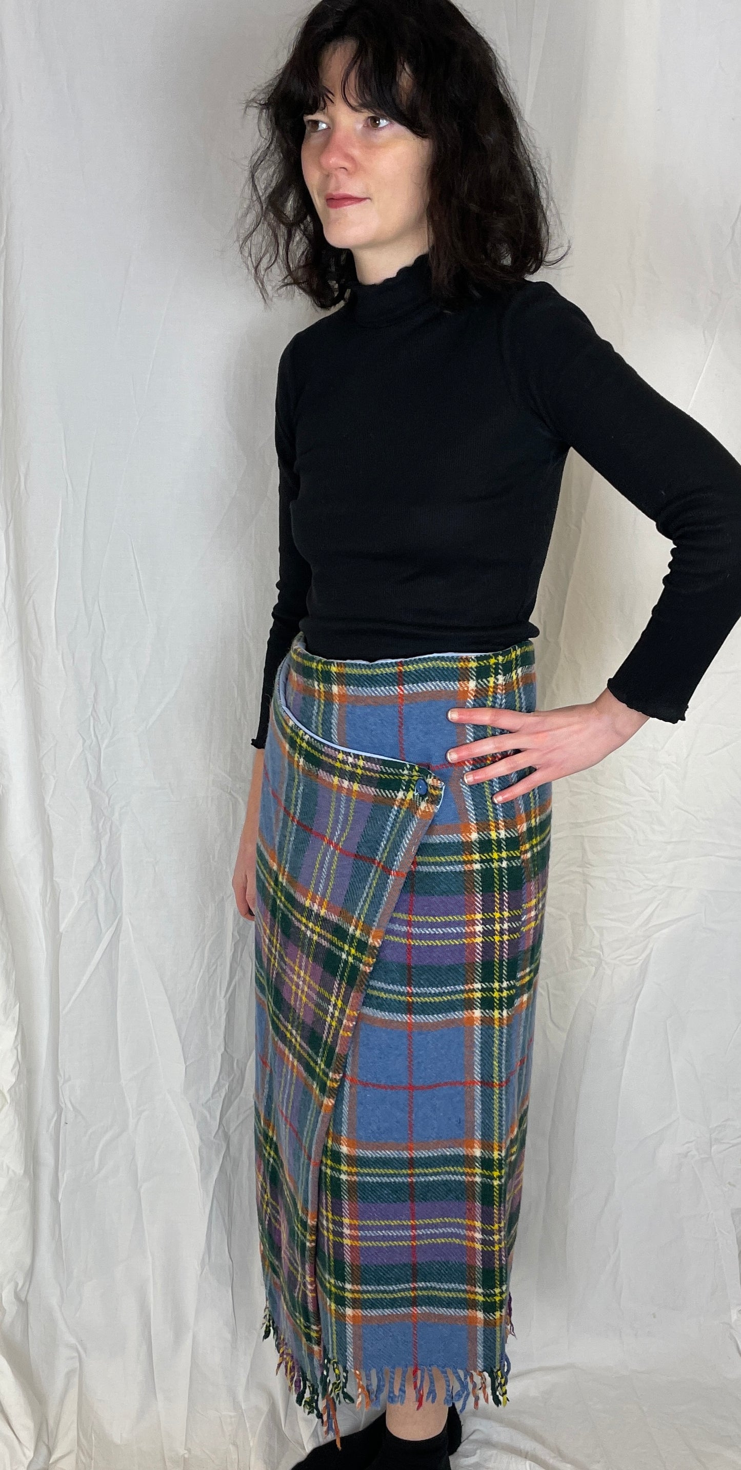 Bonnie Handmade Blue Wool Checked Asymmetric Maxi Skirt - Size 12