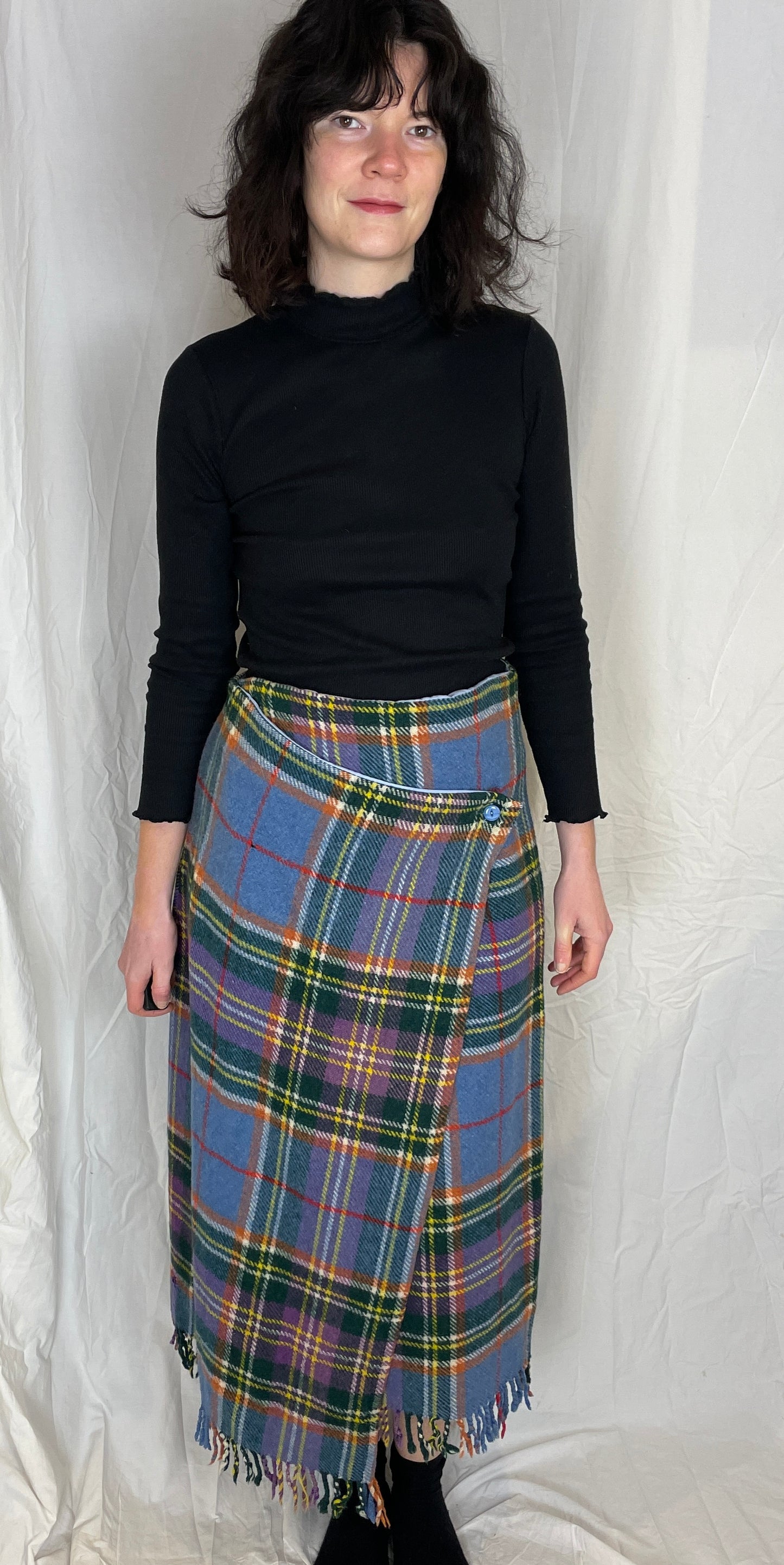 Bonnie Handmade Blue Wool Checked Asymmetric Maxi Skirt - Size 12