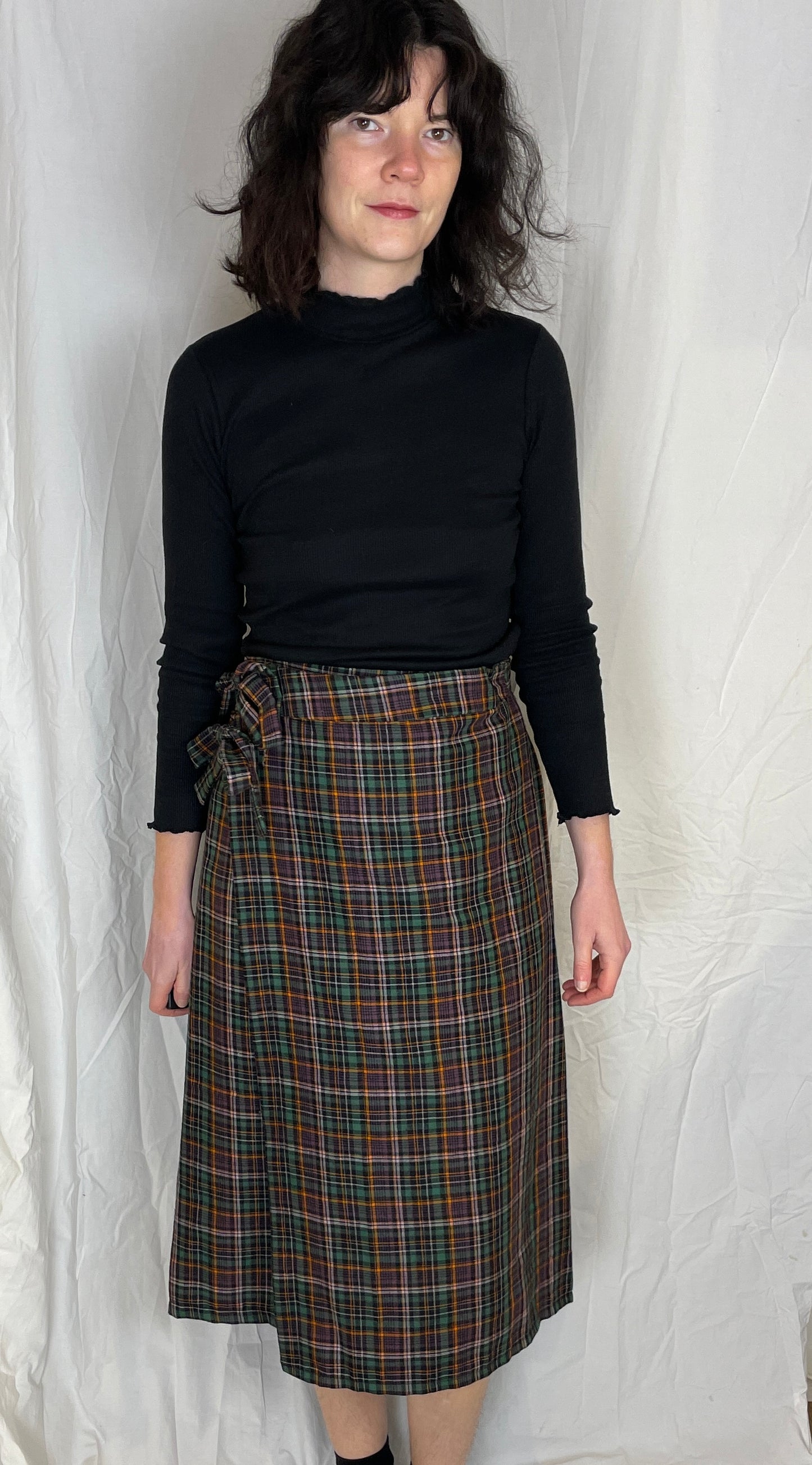 Bonnie Handmade Purple Checked Pleated Wrap Skirt - Size 12 - scrappingell