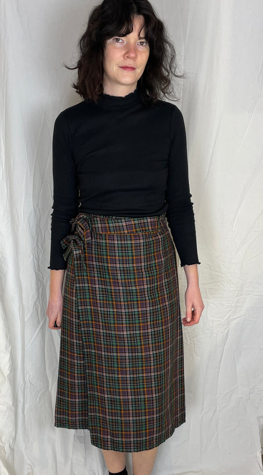 Bonnie Handmade Purple Checked Pleated Wrap Skirt - Size 12 - scrappingell