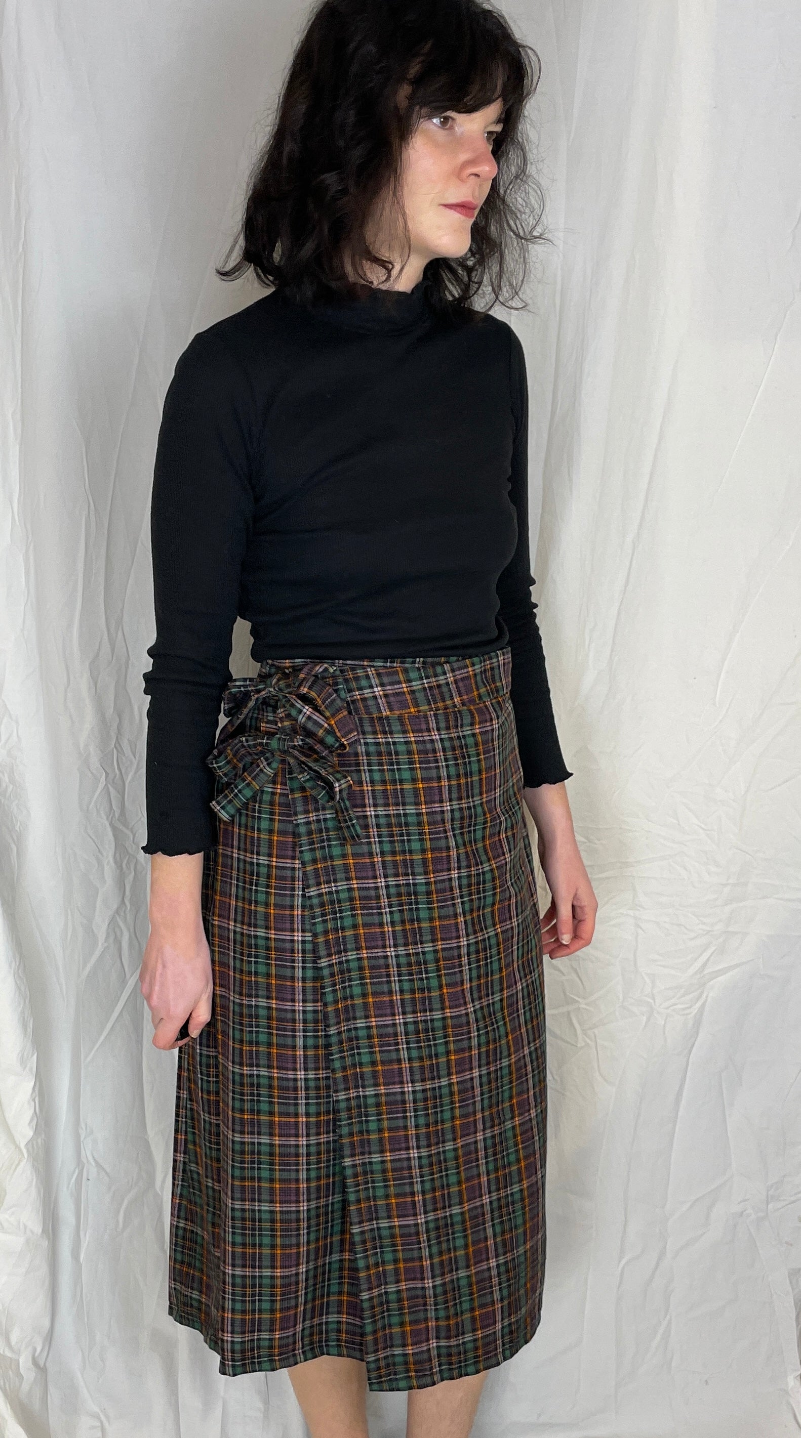 Bonnie Handmade Purple Checked Pleated Wrap Skirt - Size 12 - scrappingell