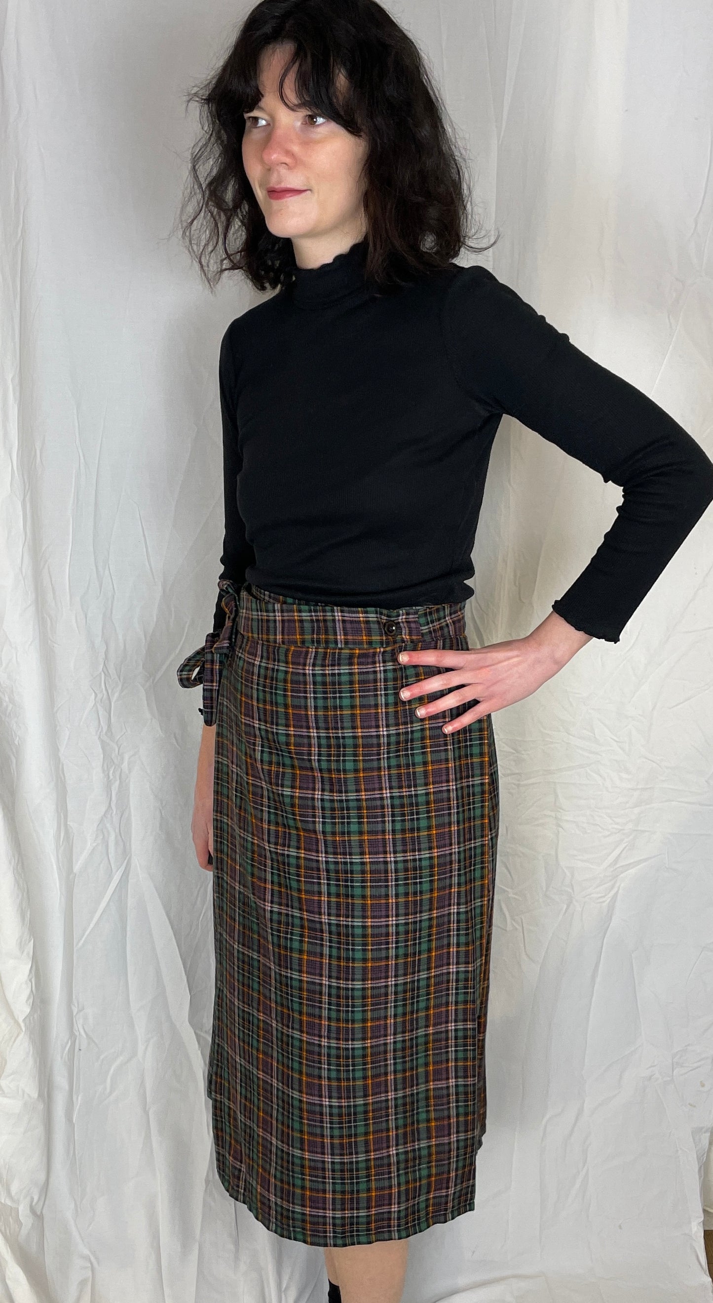 Bonnie Handmade Purple Checked Pleated Wrap Skirt - Size 12 - scrappingell