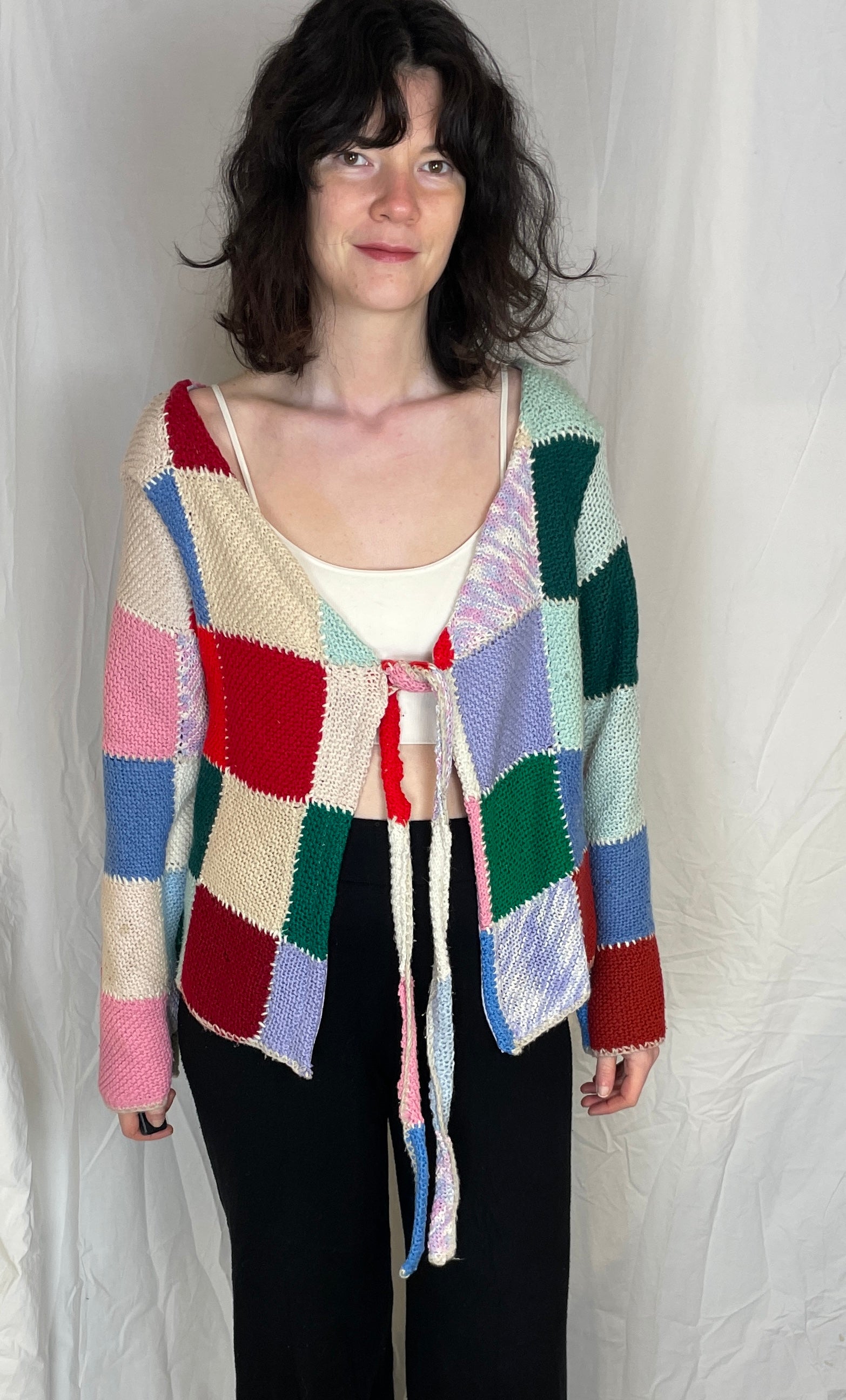 Camilla Handmade Pink Patchwork Tie Front Knitted Wool Cardigan - Up To Size 12 - scrappingell