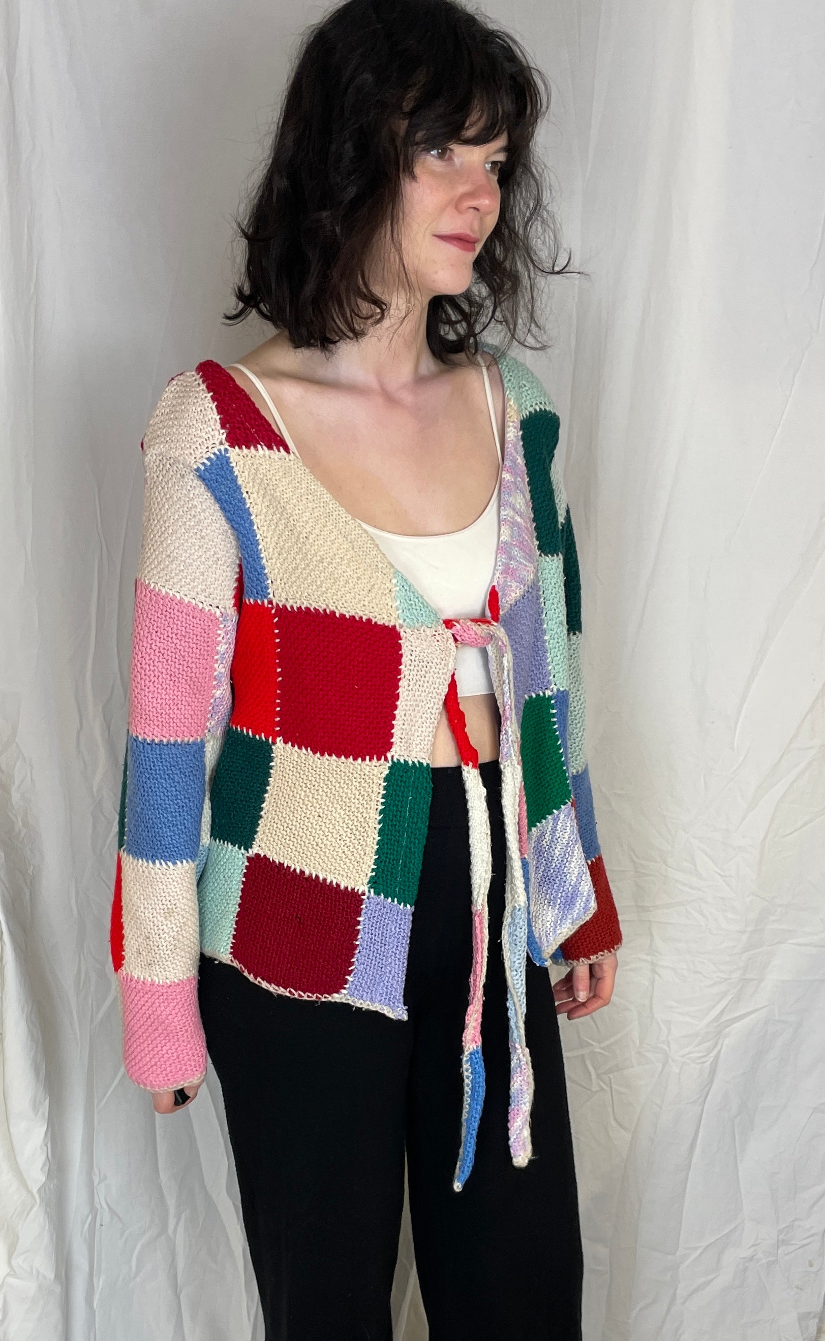 Camilla Handmade Pink Patchwork Tie Front Knitted Wool Cardigan - Up To Size 12 - scrappingell