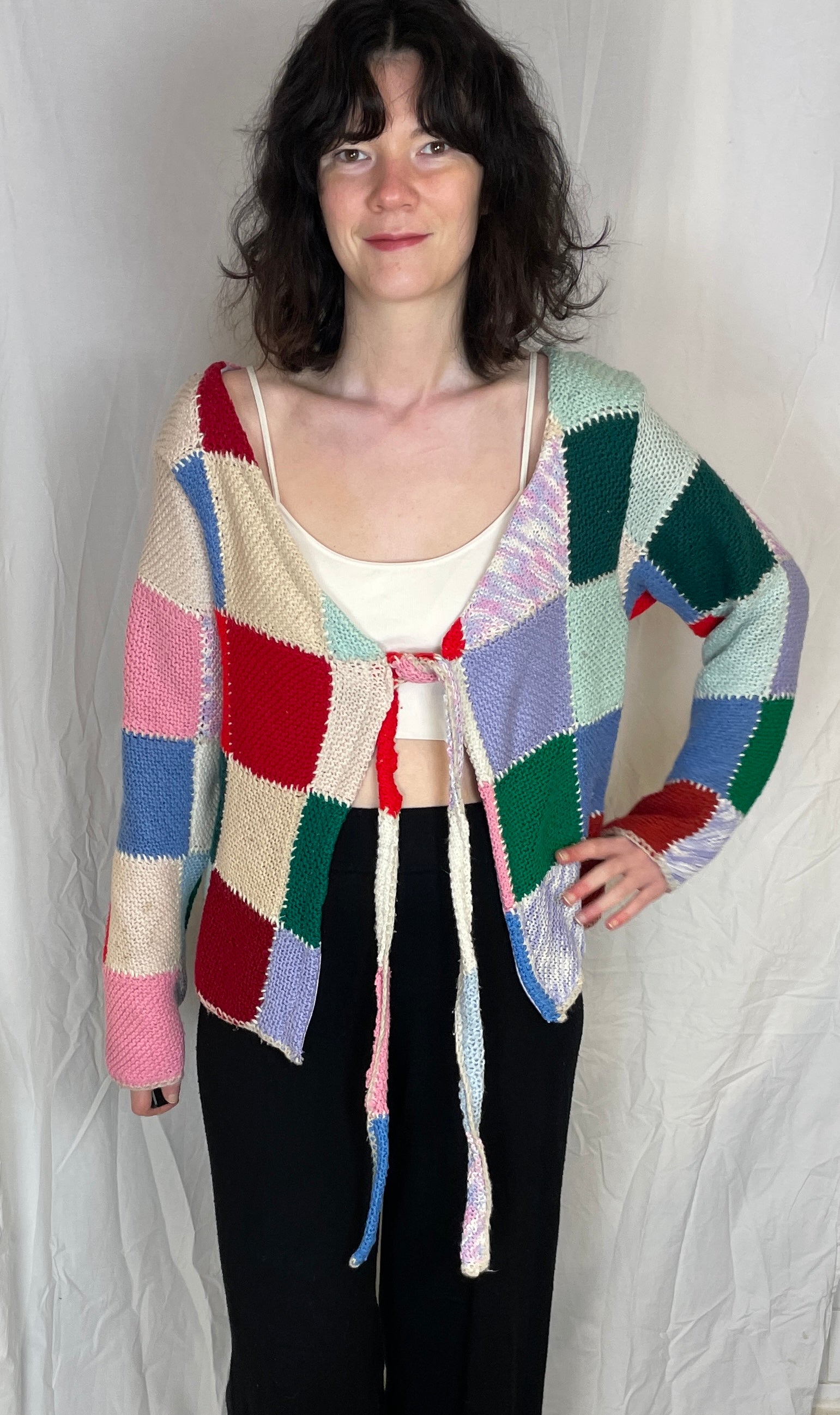 Camilla Handmade Pink Patchwork Tie Front Knitted Wool Cardigan - Up To Size 12 - scrappingell