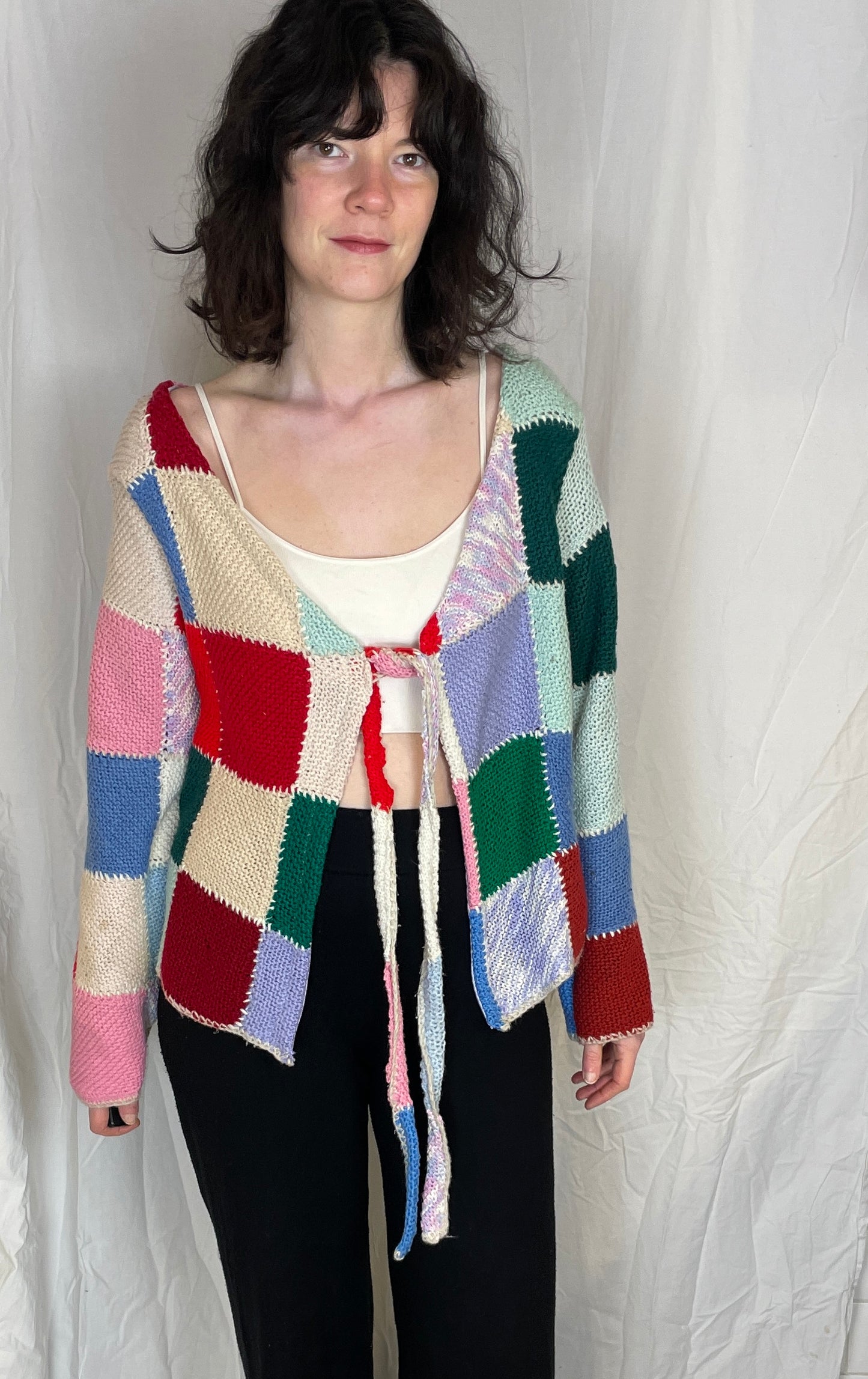 Camilla Handmade Pink Patchwork Tie Front Knitted Wool Cardigan - Up To Size 12 - scrappingell