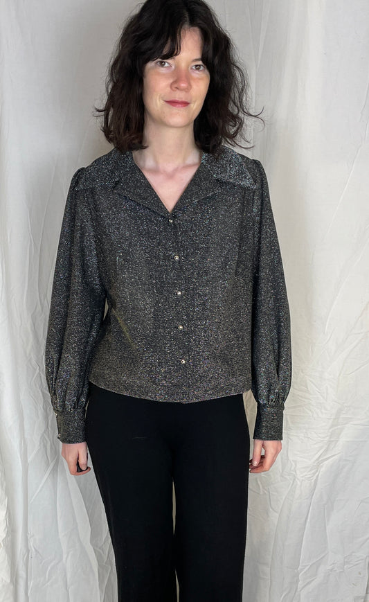 Vintage 70s Silver Lurex Puff Sleeve Shirt - Up To Size 12 - scrappingell
