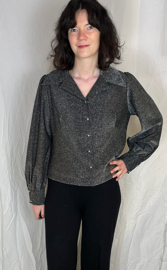Vintage 70s Silver Lurex Puff Sleeve Shirt - Up To Size 12 - scrappingell