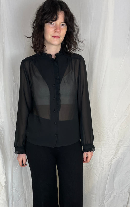 Vintage 80s Black Sheer Chiffon Ruffle Neckline Button Shirt - Up To Size 12 - scrappingell