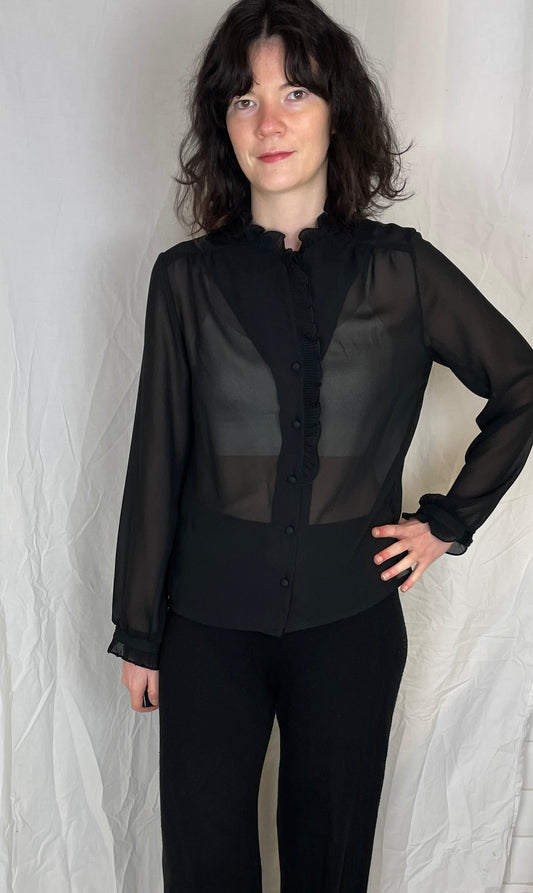 Vintage 80s Black Sheer Chiffon Ruffle Neckline Button Shirt - Up To Size 12 - scrappingell