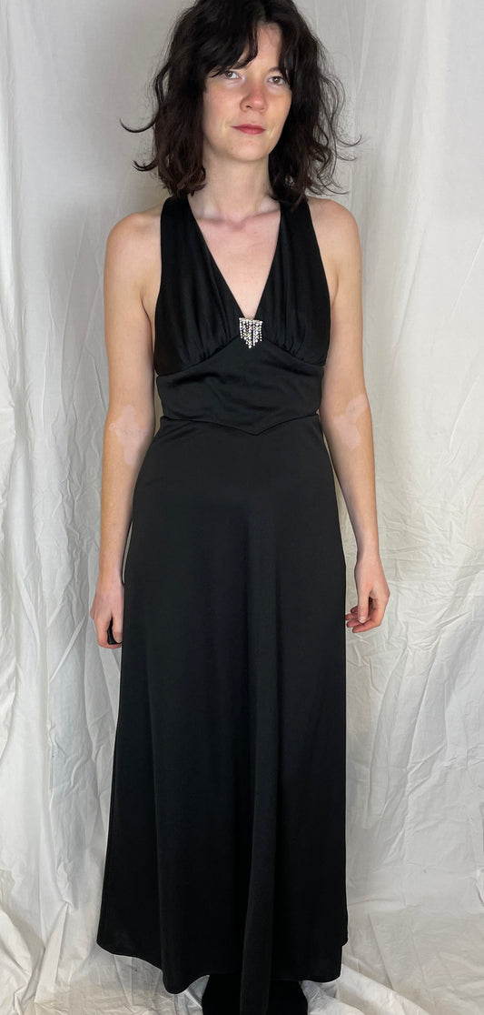 Vintage 80s Black Diamante Backless Halter Neck Maxi Dress - Size 8 - scrappingell