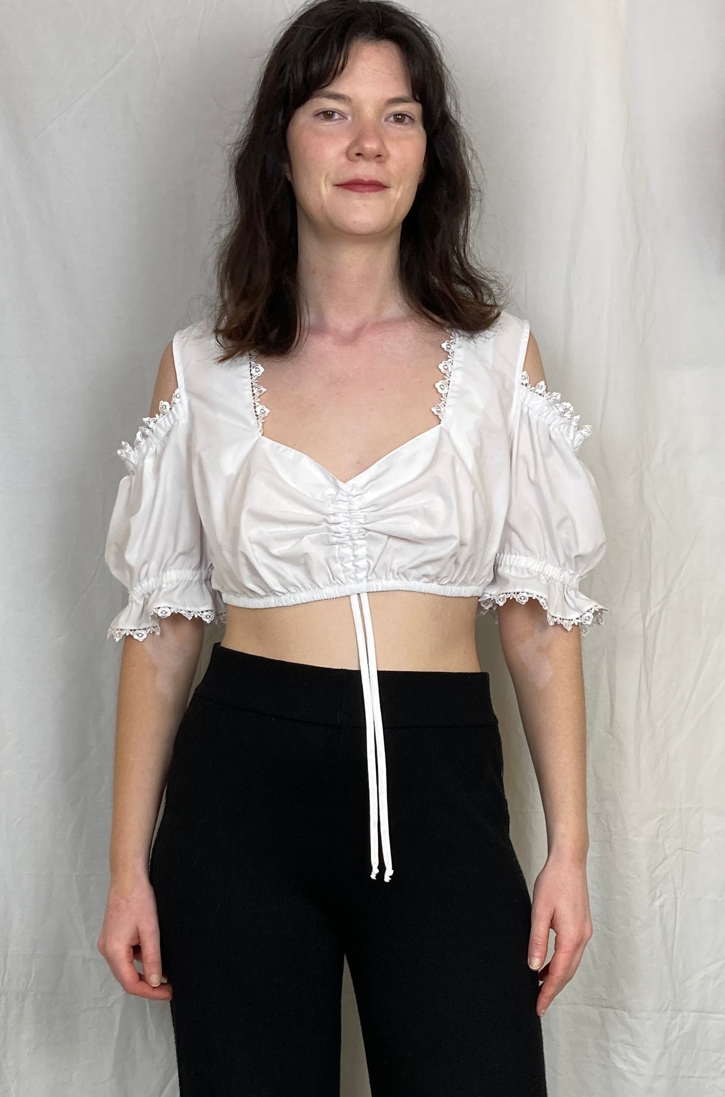 Vintage 90s White Milkmaid Puff Sleeve Crop Top - Up To Size 14