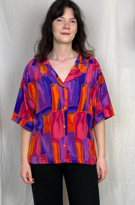 Darcy Handmade Orange Retro Print Shirt with Revere Collar - Up To Size 14