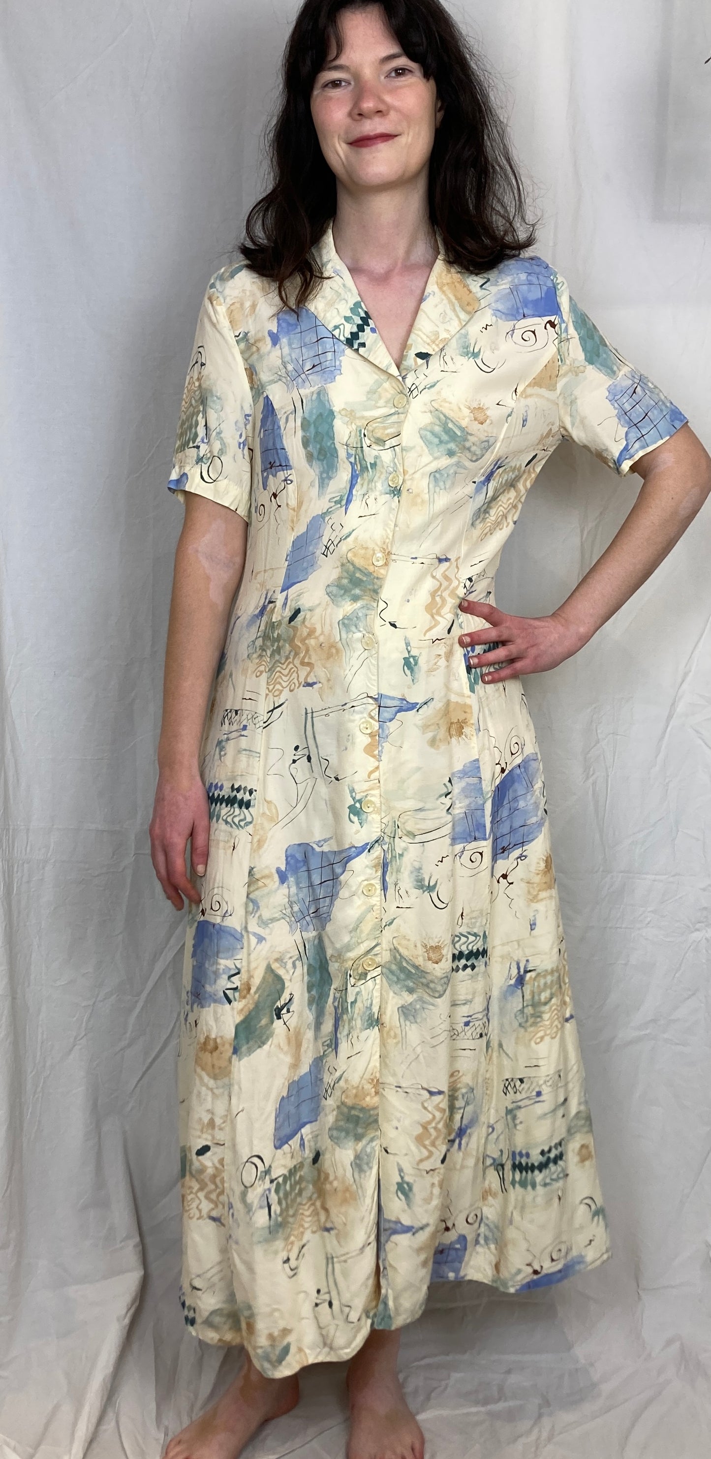 Vintage 80s White Printed Maxi Shirt Dress - Up To Size 10