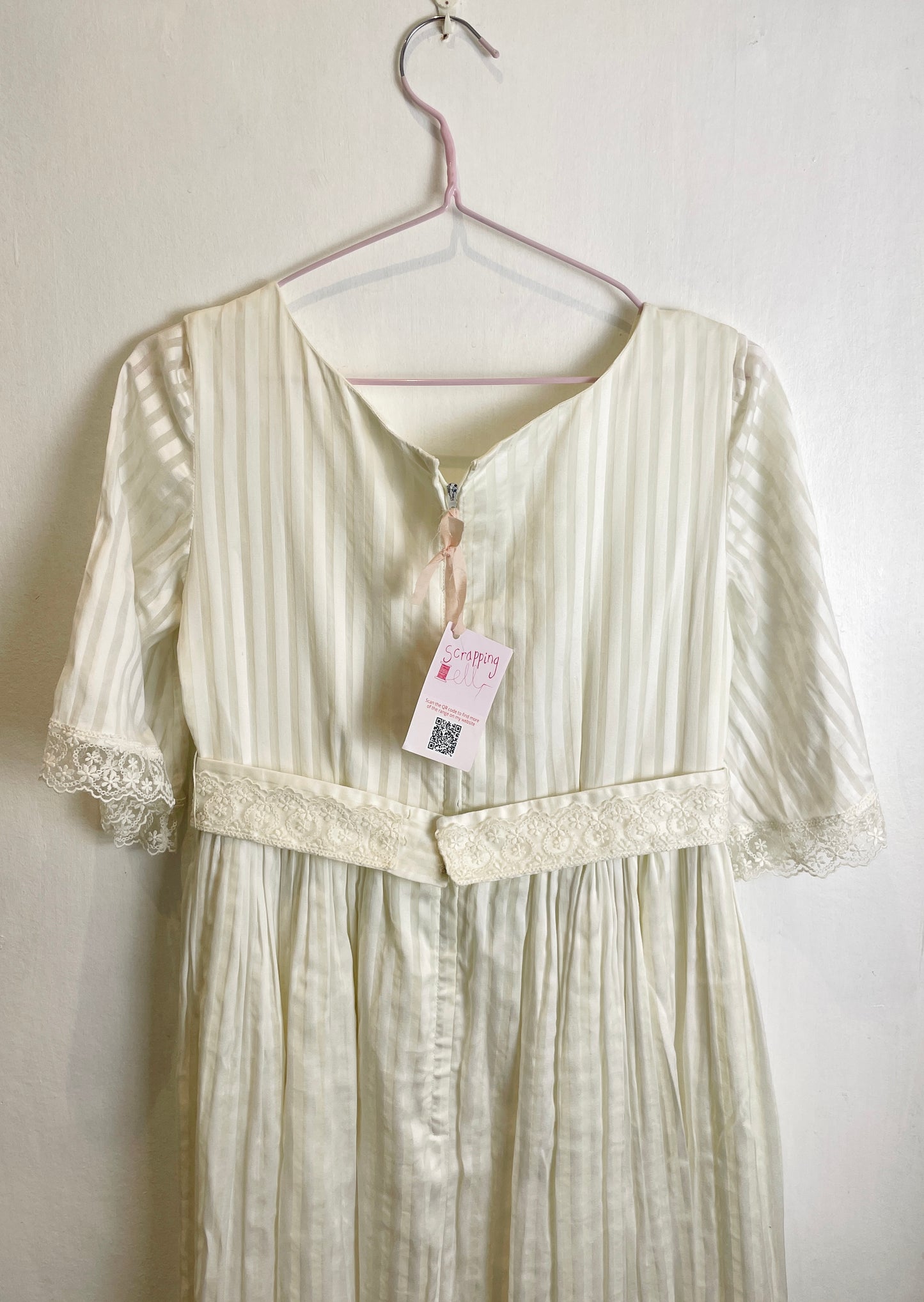 Vintage 80s White Striped Lace Trim Gathered Waist Maxi Dress - Up To Size 10